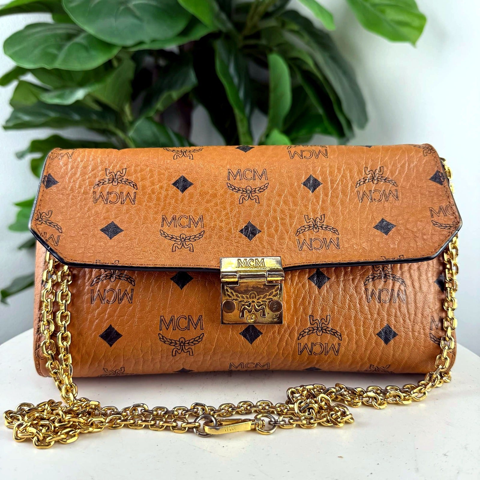Authentic MCM Cognac Visetos Wallet on Chain - front view