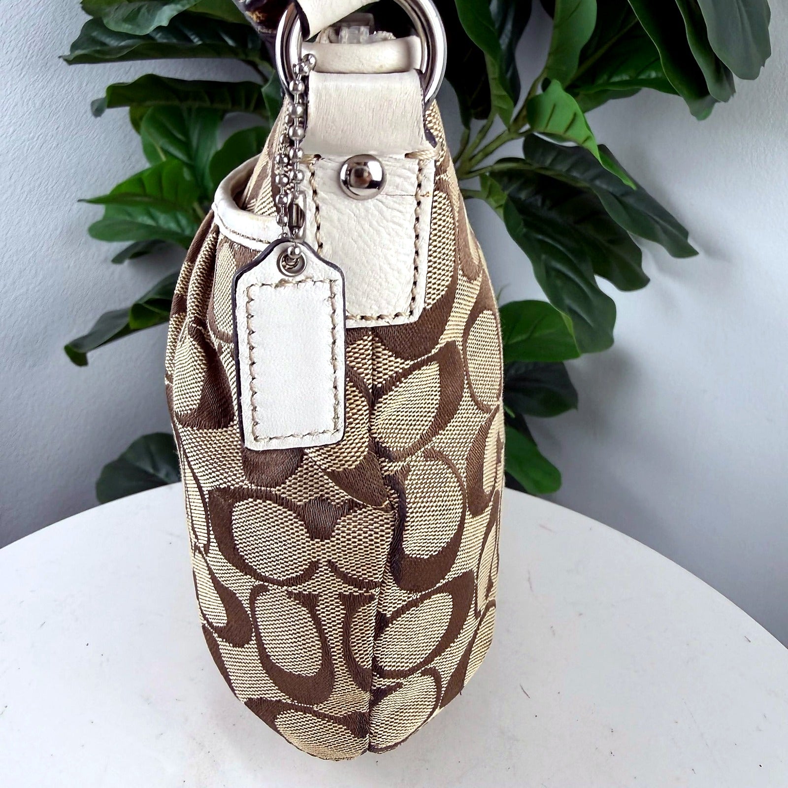 Authentic Coach Tan Signature Canvas Crossbody Bag with Cream Leather Trim - back