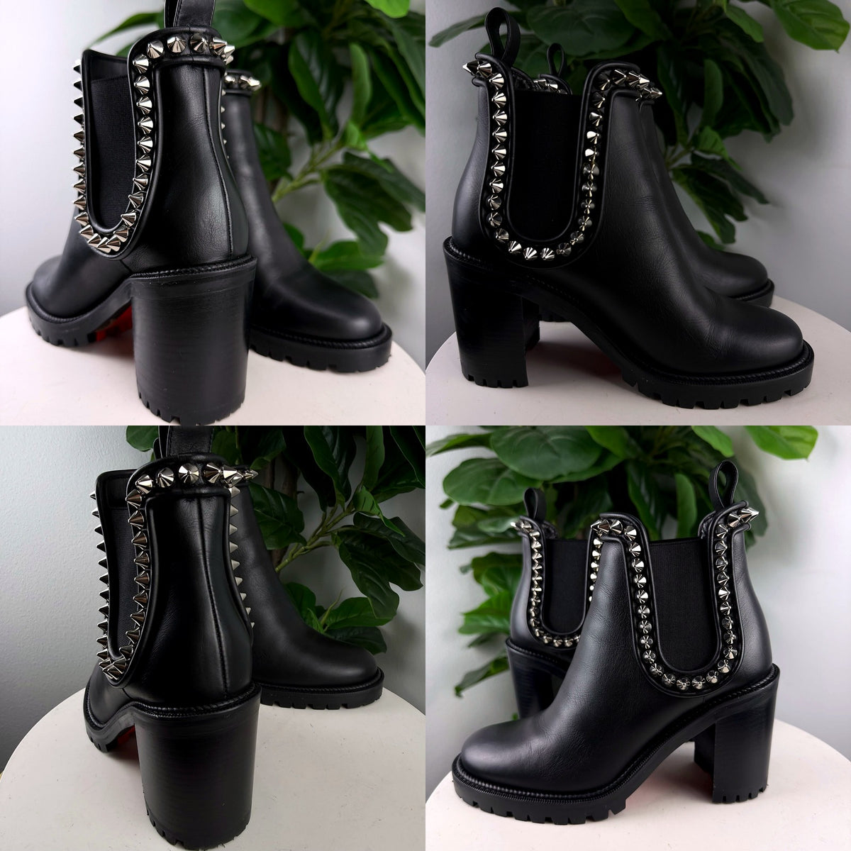 Detail collage: spike stud trim and boot silhouette from multiple angles