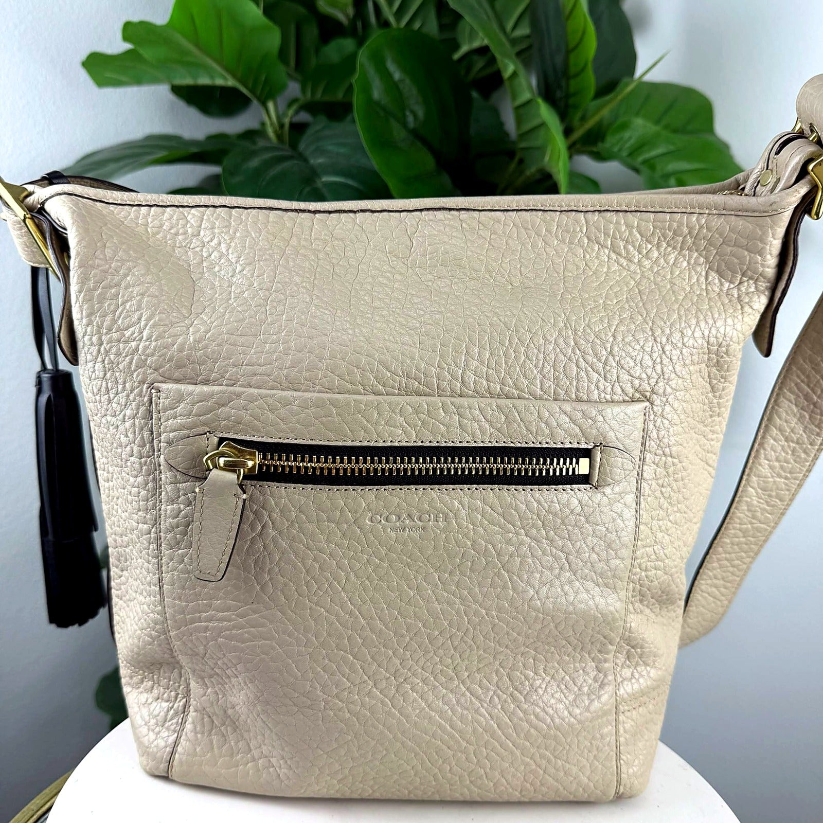 Authentic Coach Ivory Pebbled Leather Hobo Bag with Tassels - front