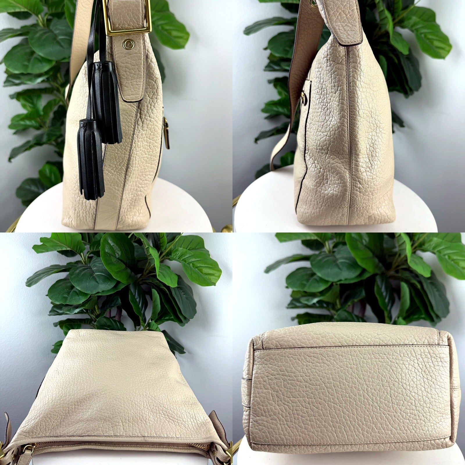 Authentic Coach Ivory Pebbled Leather Hobo Bag with Tassels - hardware and construction detail