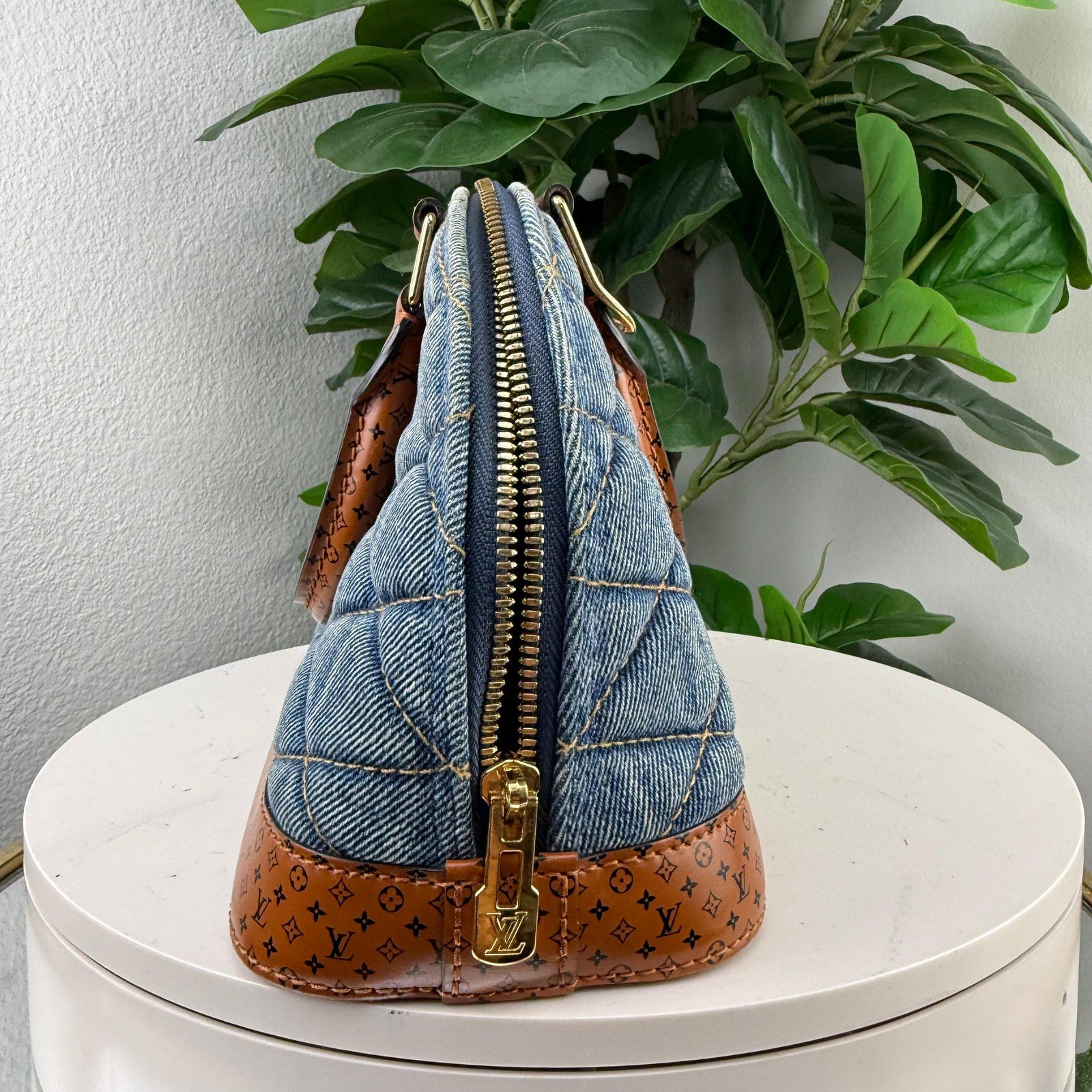 Louis Vuitton Alma BB Malletage Quilted Denim Blue Leather Bag Authentic Pre Owned