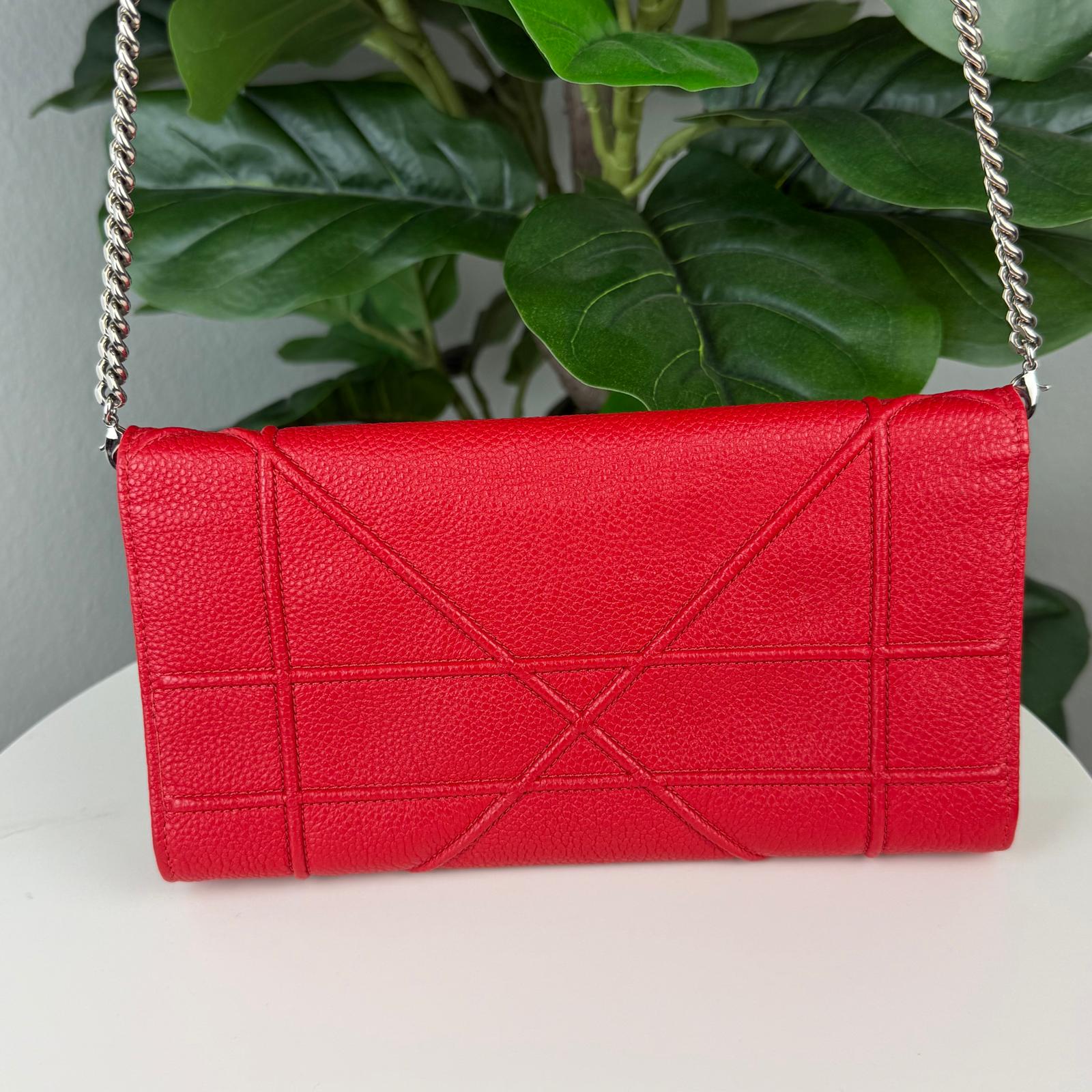 Authentic Christian Dior Red Grained Leather Diorama Clutch Bag