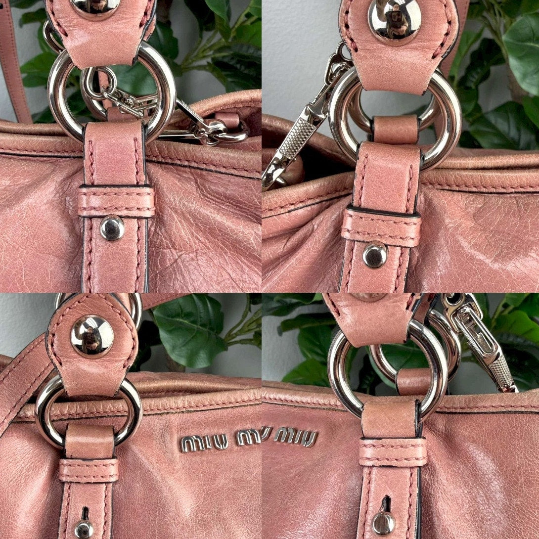 Authentic Miu Miu Vitello Shine 2-way Handbag Pnk Leather