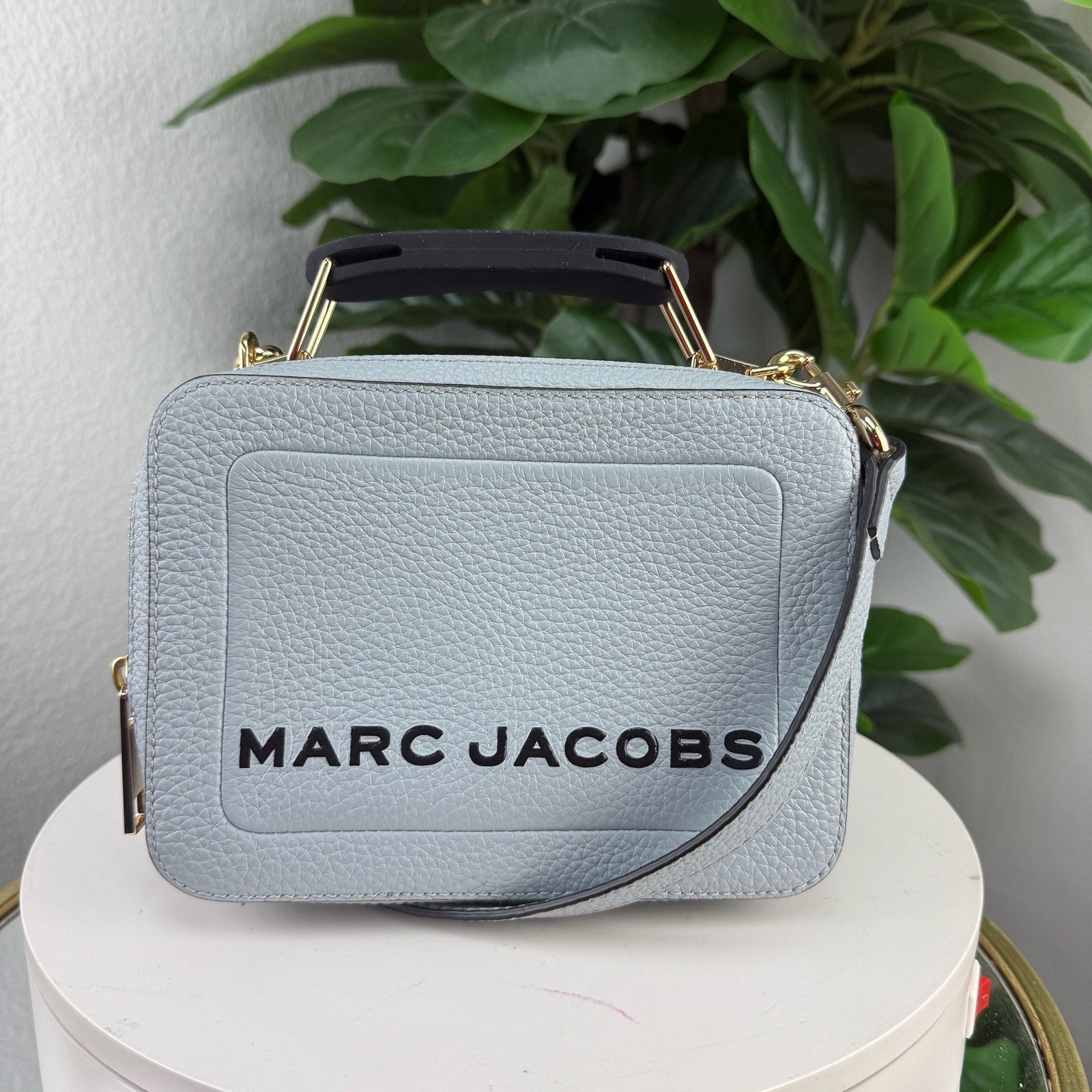 Pre Owned arc Jacobs The Soft Box 23 Pebbled Leather Blue Top Handle Crossbody Bag Authentic