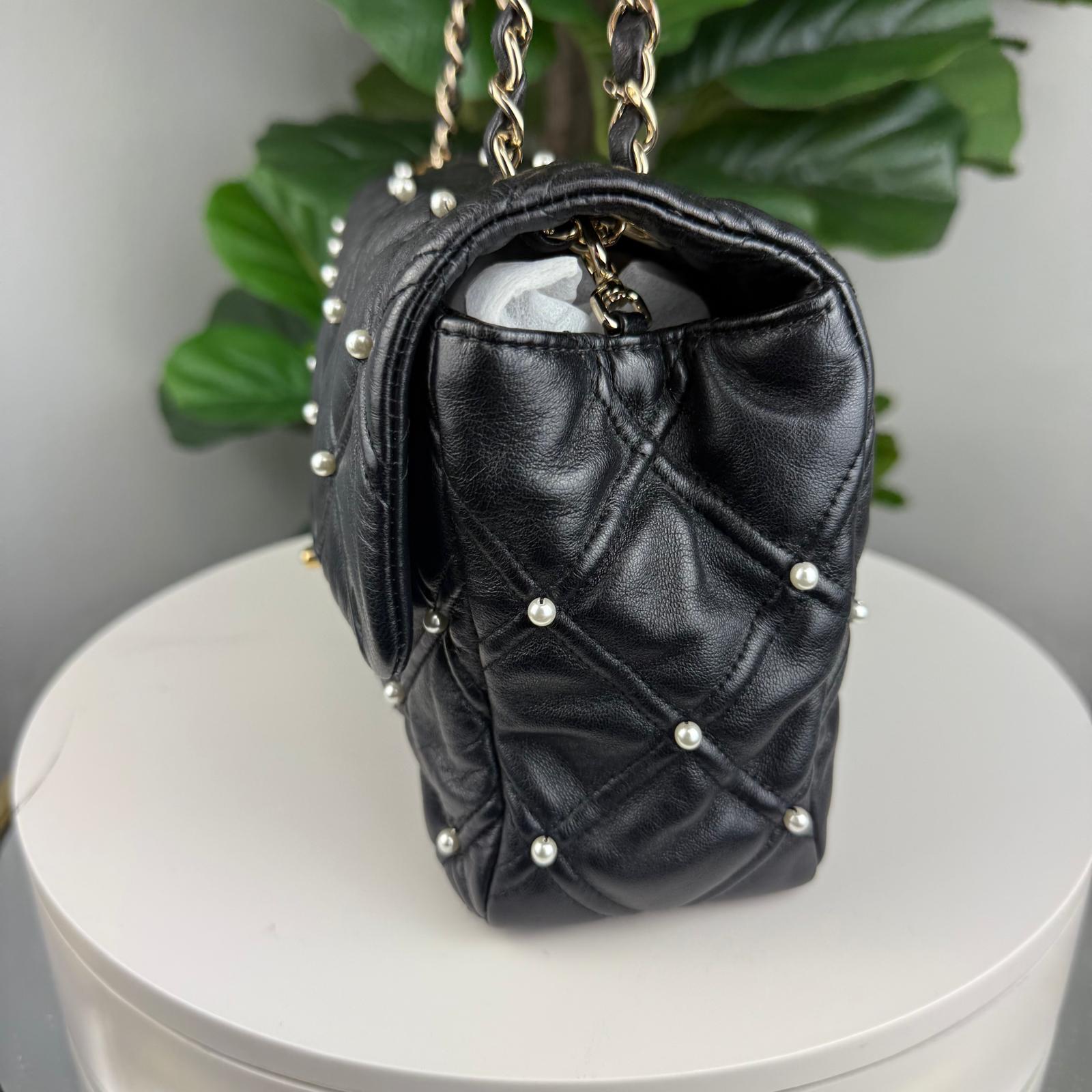 Authentic Chanel Lambskin Quilted Pearl Studded Flap Black Shoulder Bag
