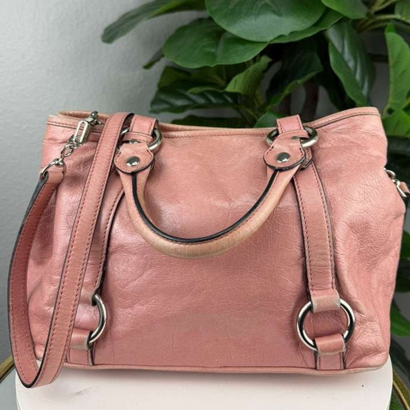 Authentic Miu Miu Vitello Shine 2-way Handbag Pnk Leather