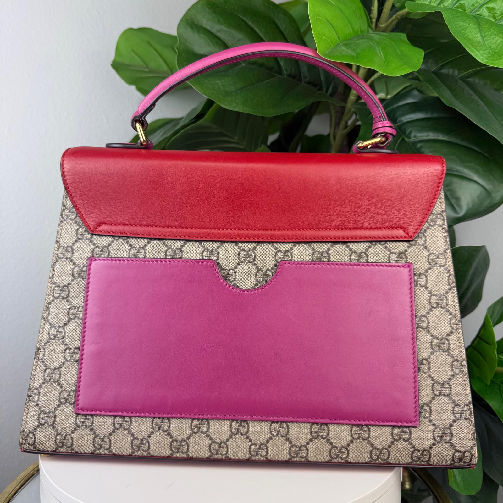 Authentic Gucci Red GG Supreme Coated Canvas and Leather Signature Padlock Hand Bag