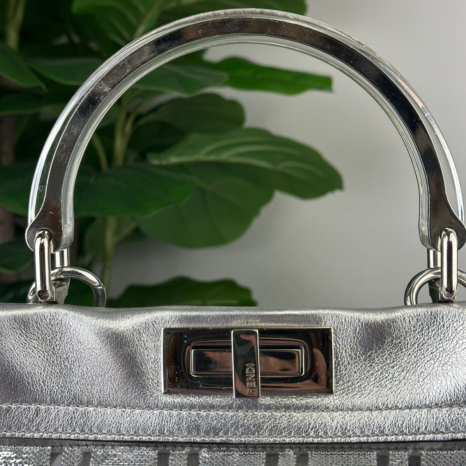 💎Authentic LIMITED EDITION FENDI PVC Vitello Catalan Mirror Sequin FF Medium Peekaboo Iconic Satchel Argento