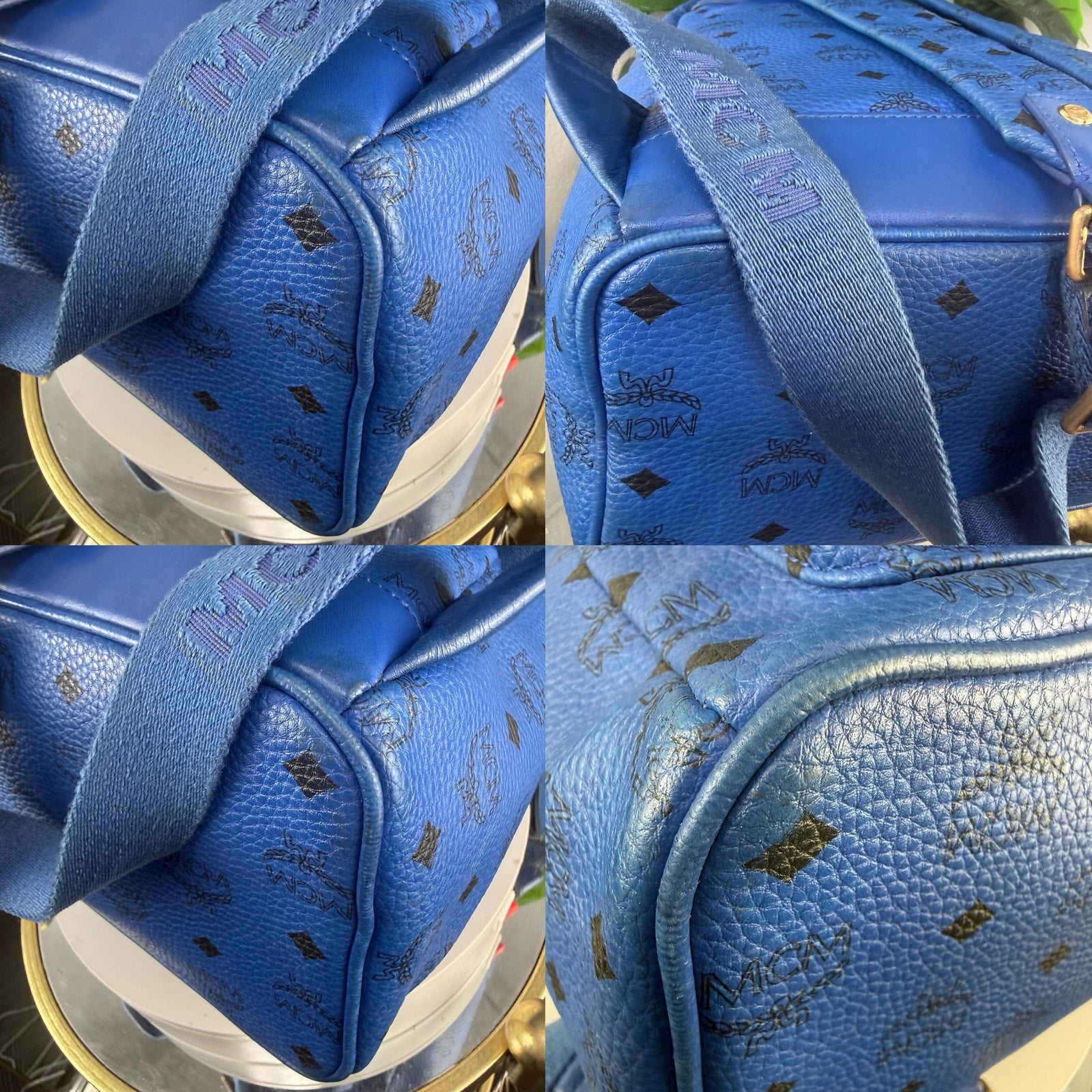 MCM Stark Studded Visetos Blue Leather Backpack Authentic Pre Owned