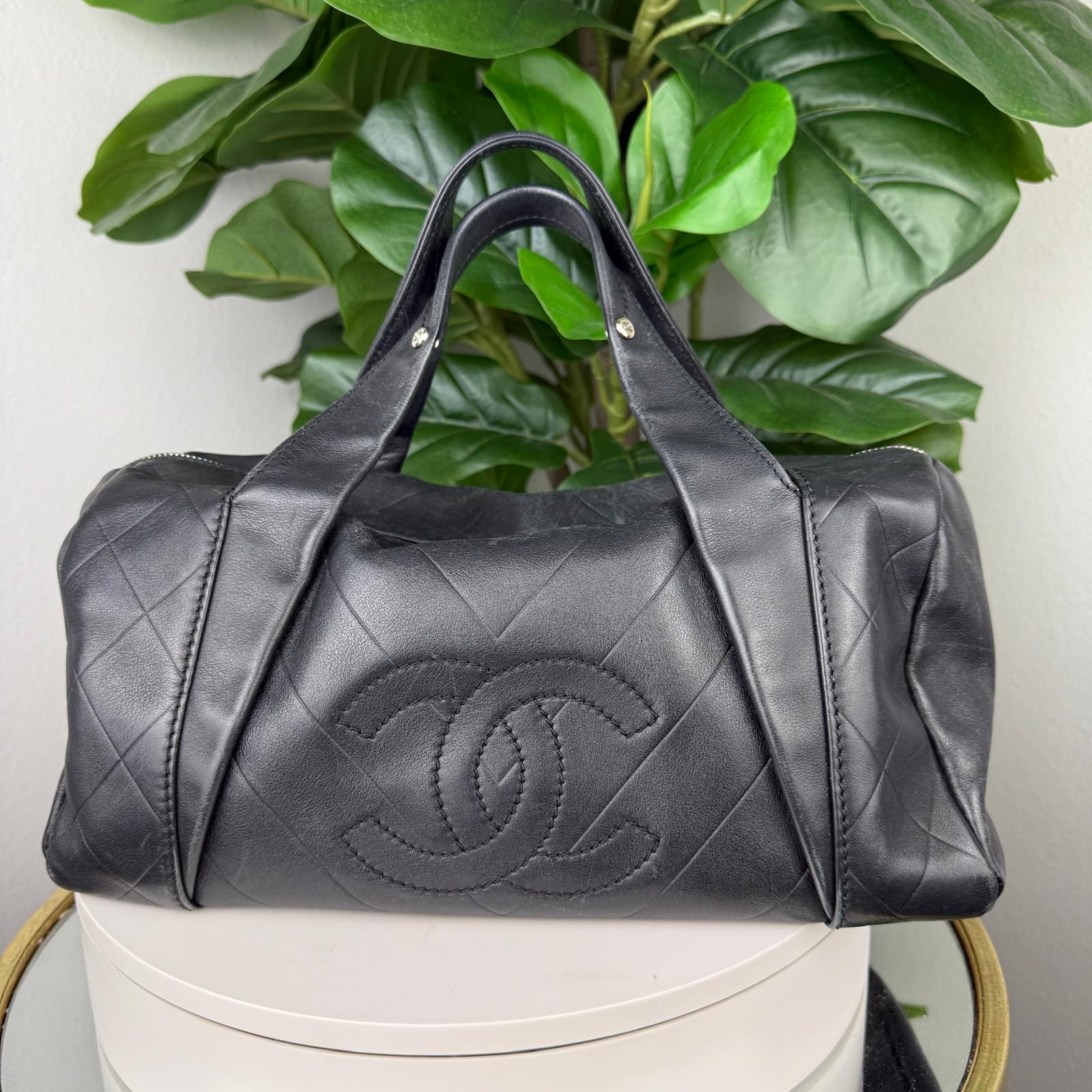 Authentic Chanel Black CC Chevron Quilted Lambskin Boston Bag