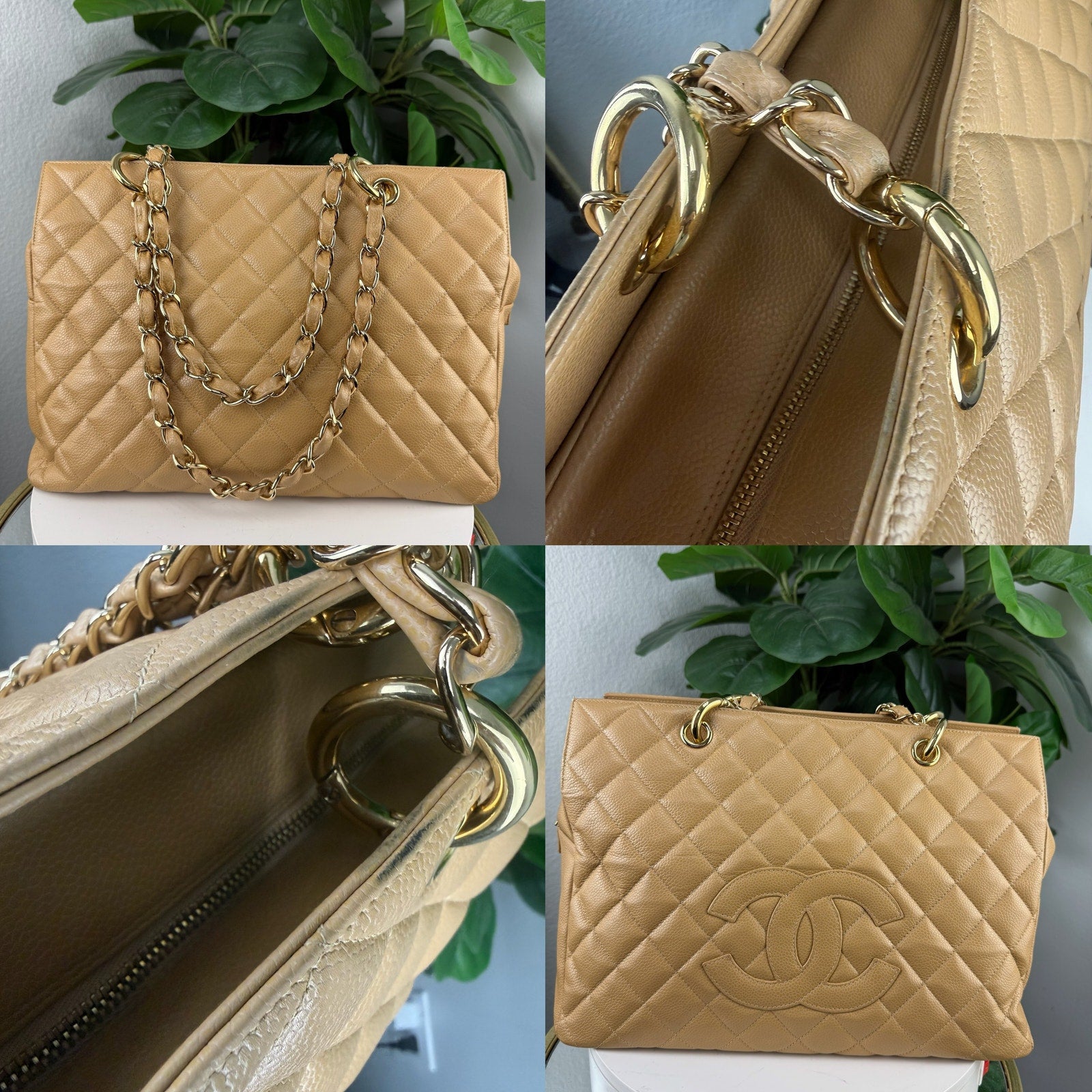Chanel Grand Shopping Tote Beige Caviar Leather Chain Bag Authentic Pre Owned