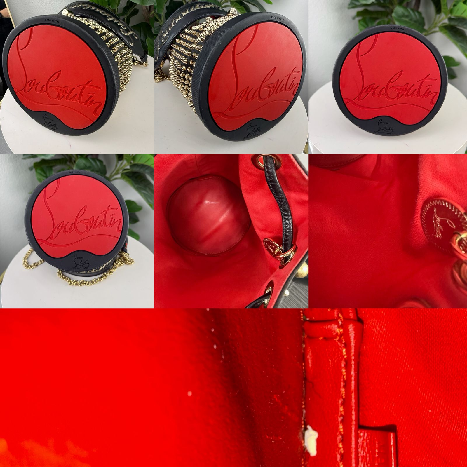 Christian Louboutin Marie Jane Bucket Bag Studded Satin and Leather