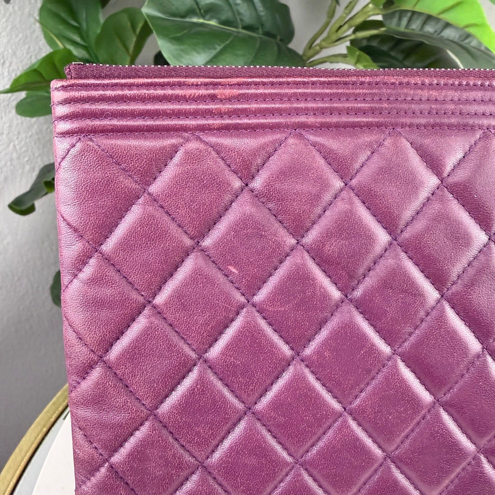 Chanel Boy O Case Quilted Lambskin Purple Clutch Pouch Authentic Pre Owned