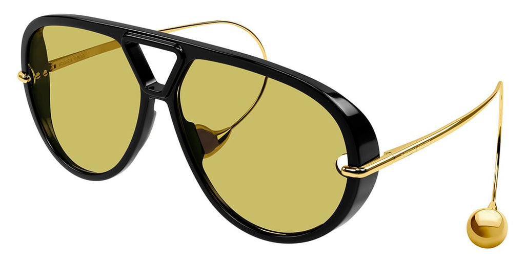 Bottega Veneta aviator sunglasses, black acetate frame with gold-tone ball-chain dangle detail on temple, olive lens
