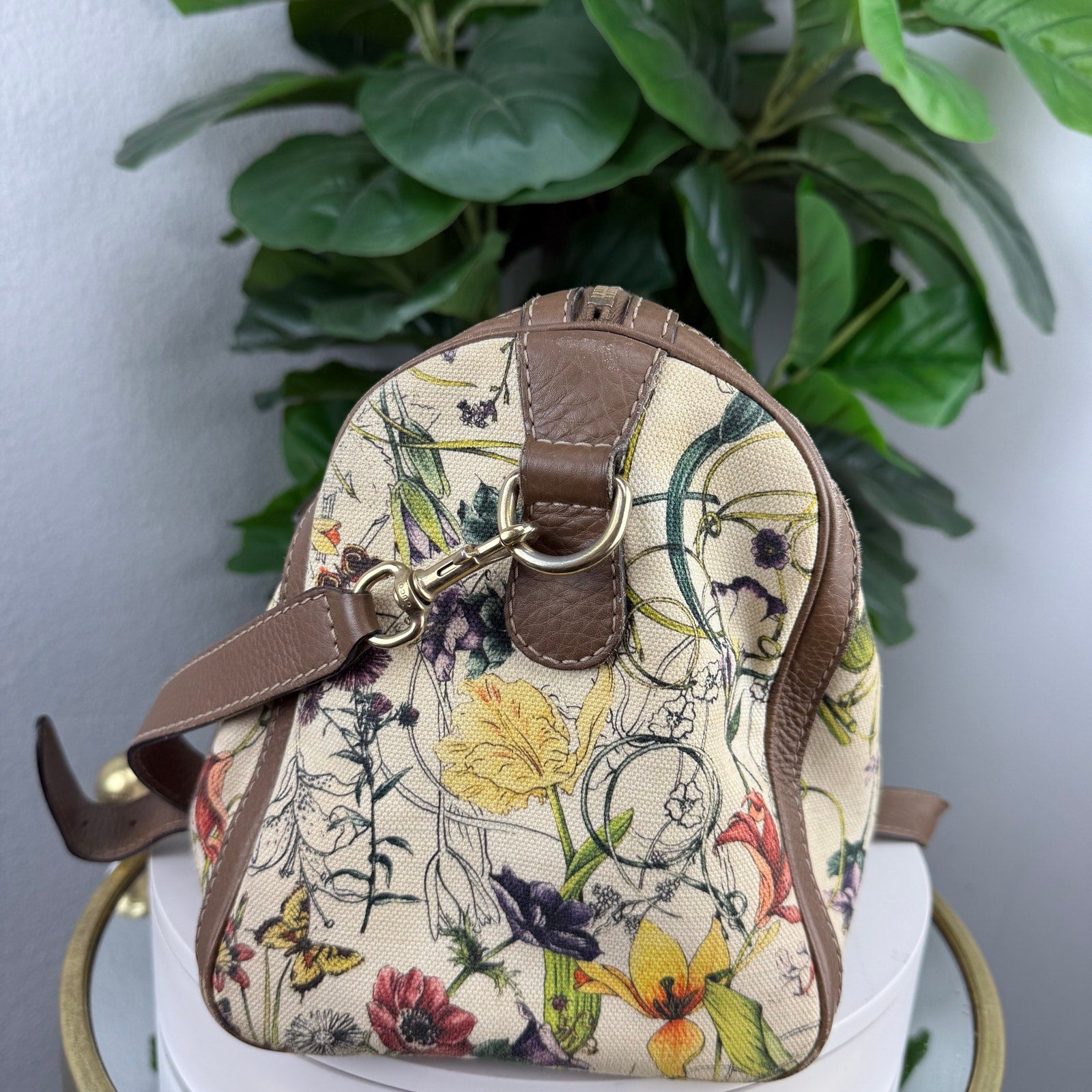 Gucci Flora Print Medium Boston Bag Canvas Leather Crossbody Authentic Pre Owned