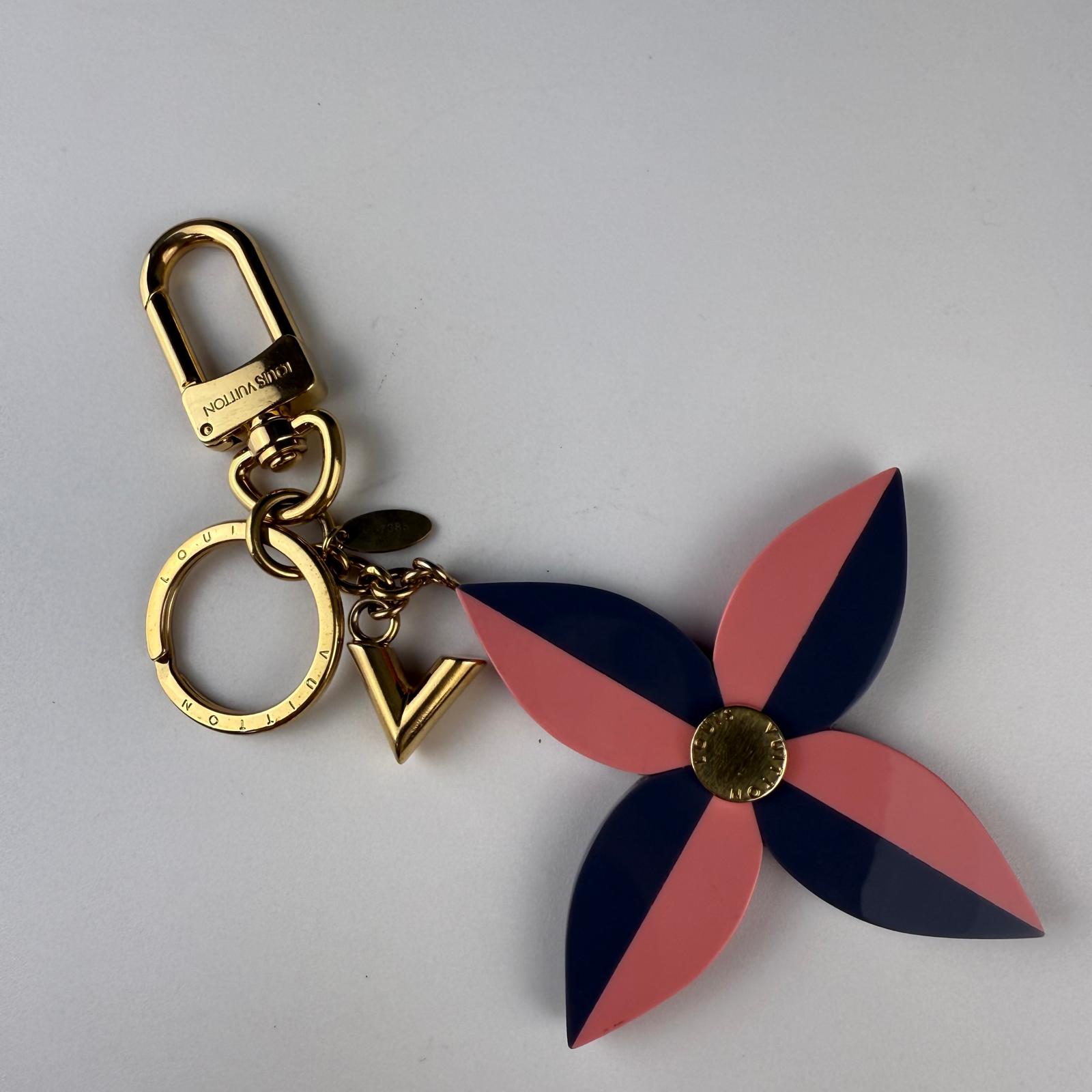 Authentic LOUIS VUITTON Pink/Purple Resin Flower And V Key Holder And Bag Charm