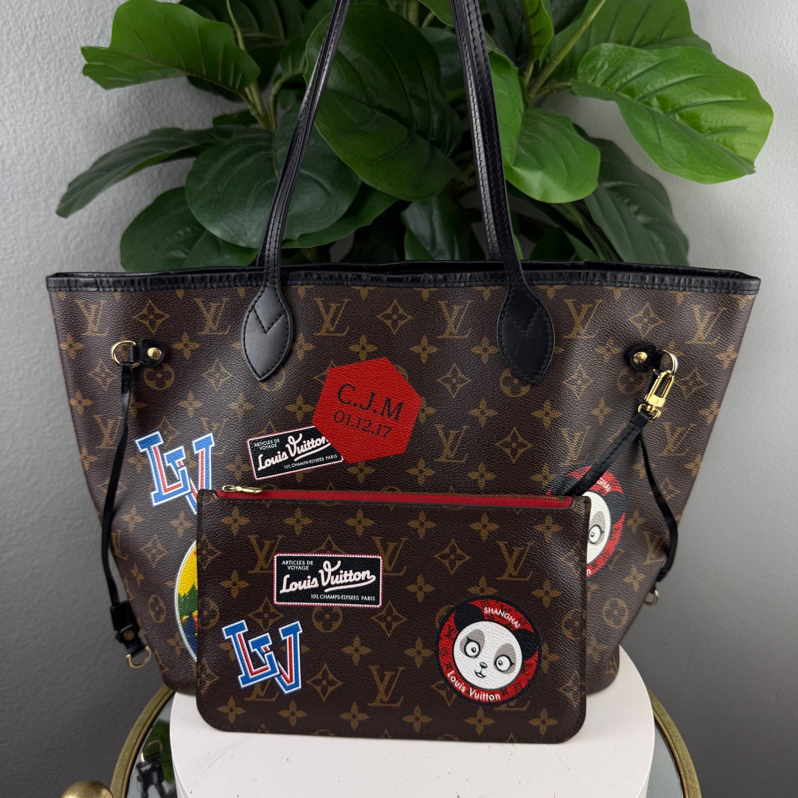 Louis Vuitton Neverfull MM Monogram Canvas World Tour Tote Bag Authentic Pre Owned