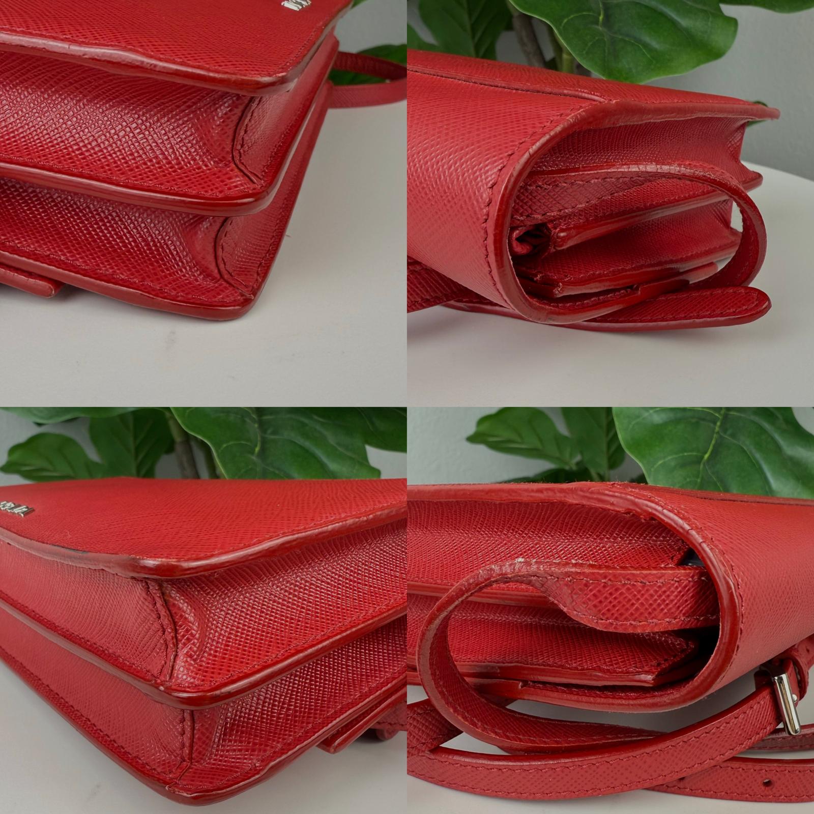Authentic Prada Red Saffiano Leather Double Sided Flap Crossbody Bag