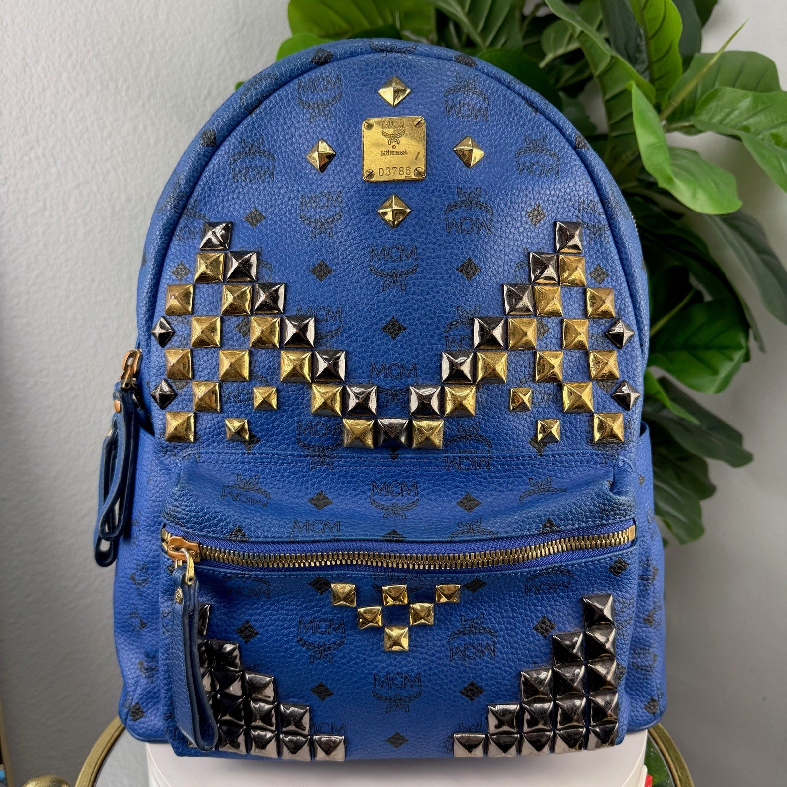 MCM Stark Studded Visetos Blue Leather Backpack Authentic Pre Owned