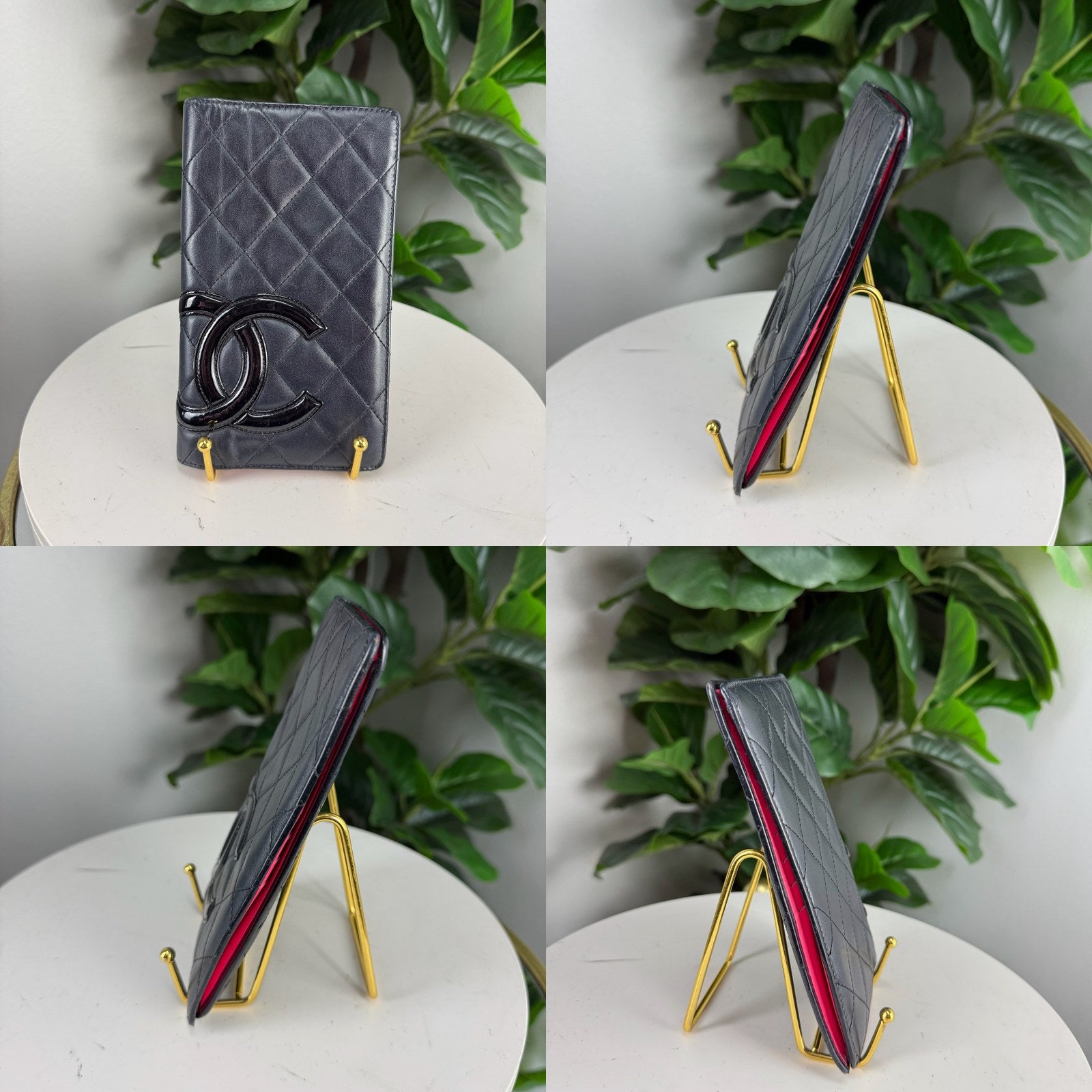 Authentic Chanel Cambon Quilted Lambskin Long Wallet - Black Pink Interior