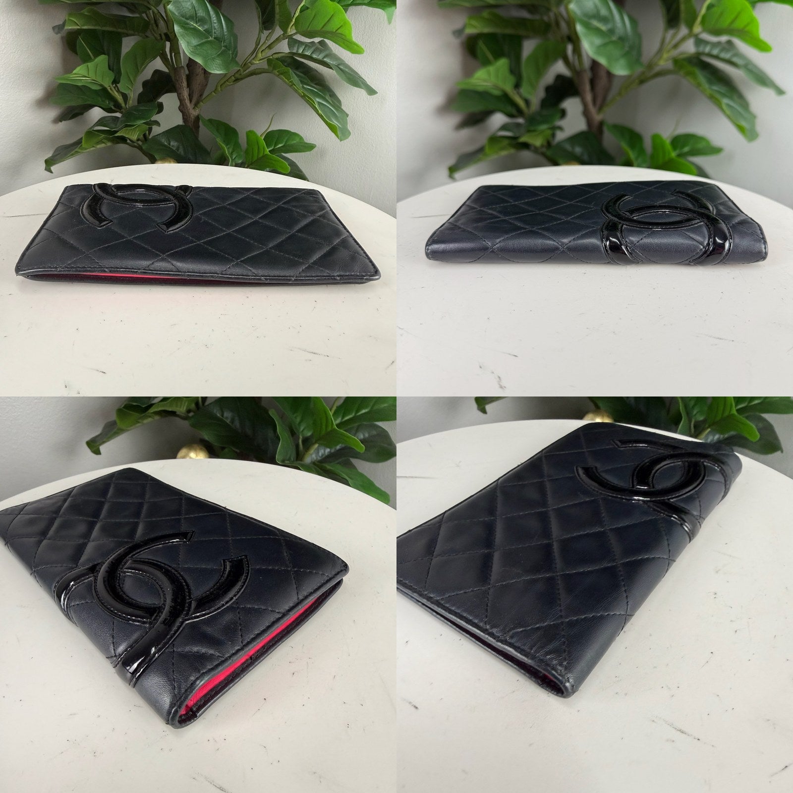Authentic Chanel Cambon Quilted Lambskin Long Wallet - Black Pink Interior