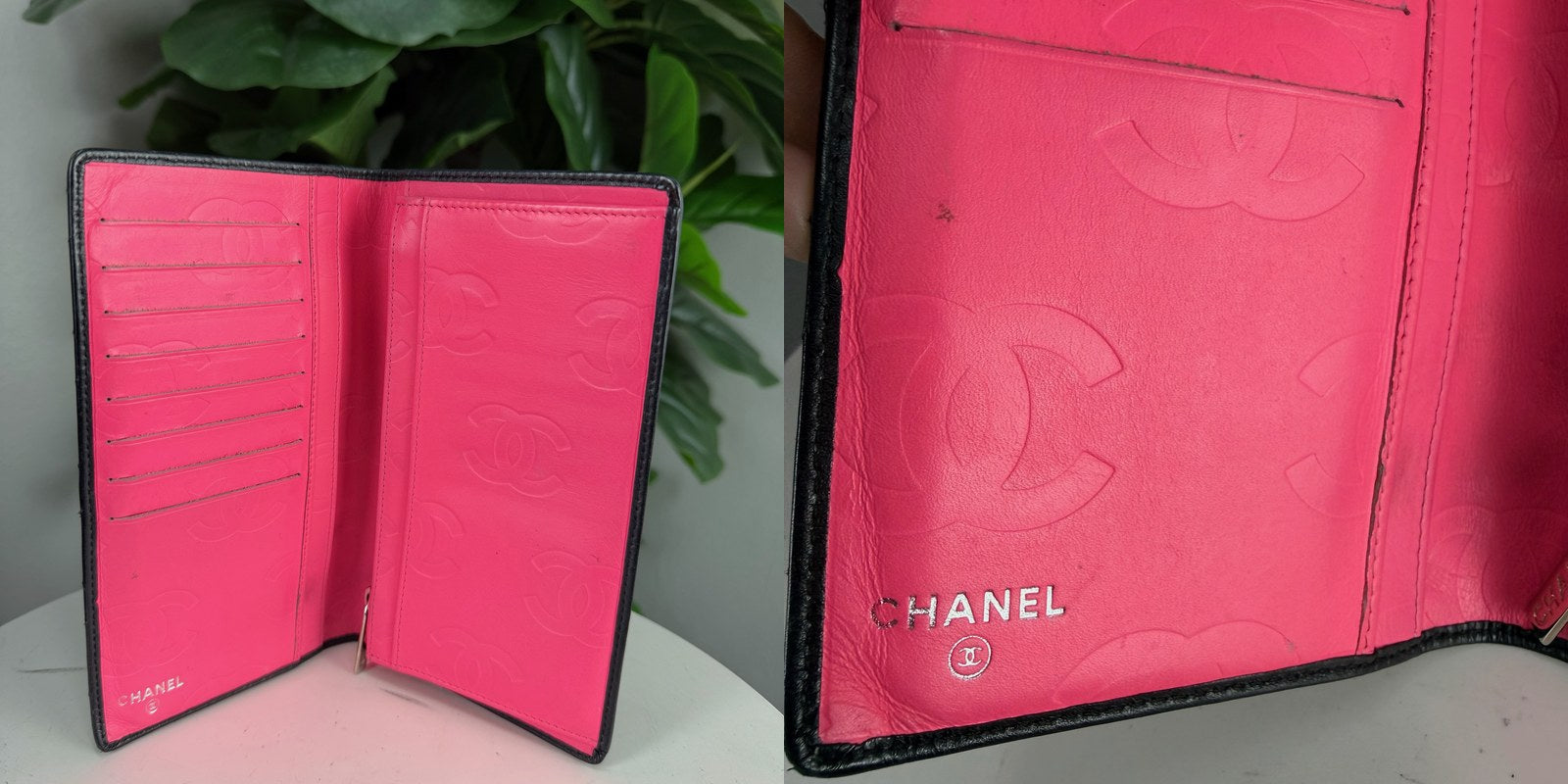 Authentic Chanel Cambon Quilted Lambskin Long Wallet - Black Pink Interior