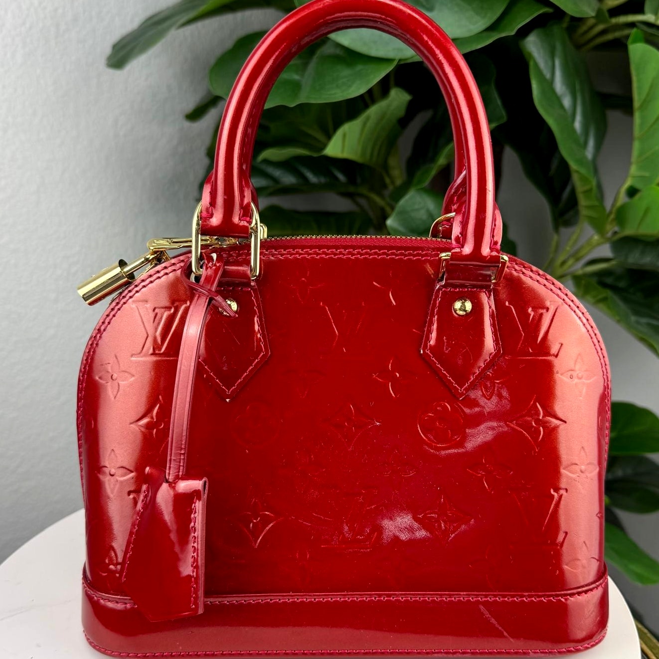 Authentic Louis Vuitton Monogram Vernis Alma BB Handbag Red