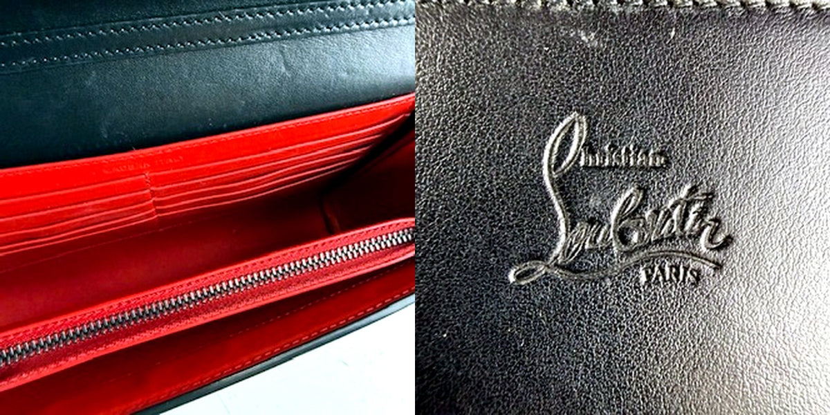 Christian Louboutin spike clutch interior and brand tag