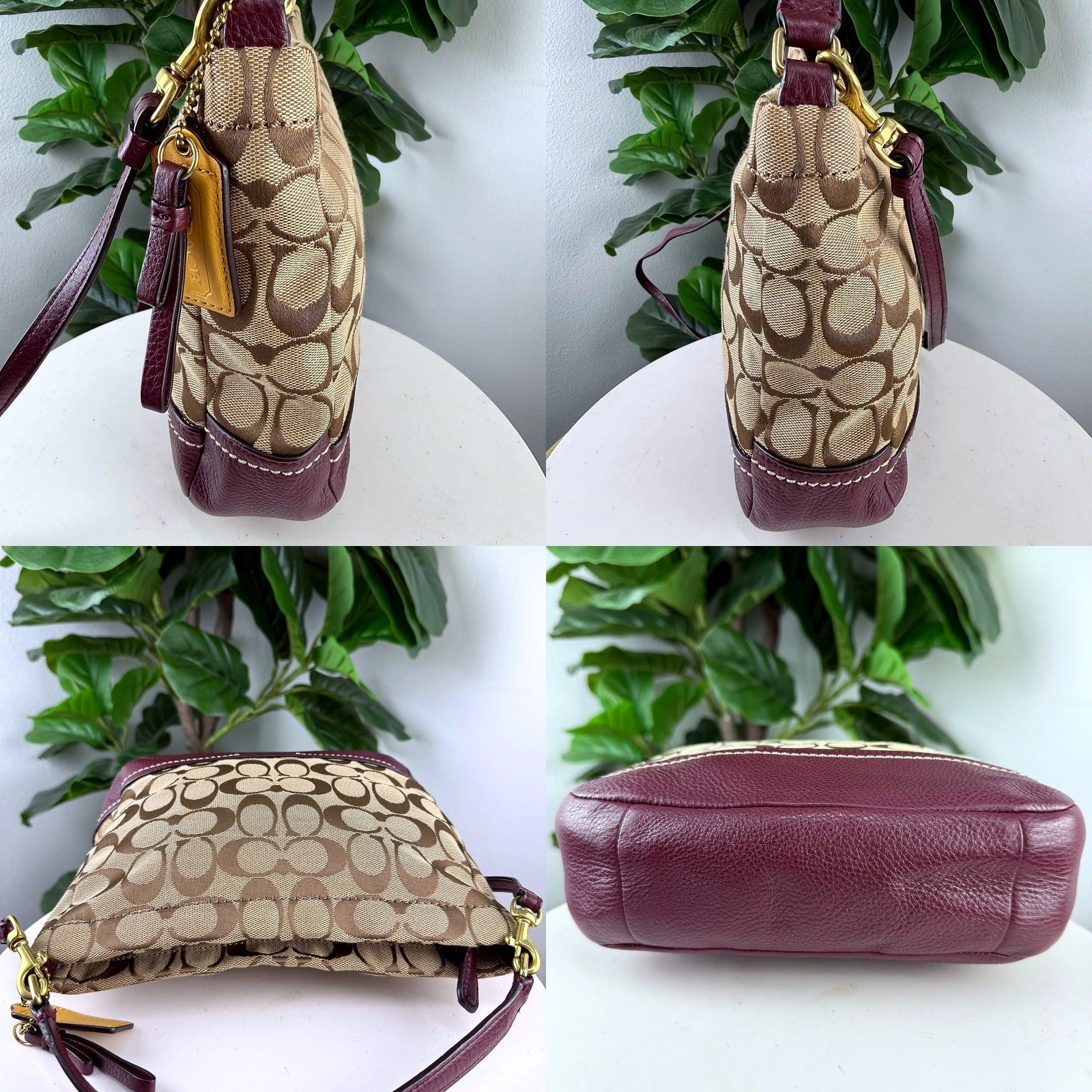 Authentic Coach Tan Signature Canvas Hobo Bag with Plum Leather Trim - strap, top, and base detail