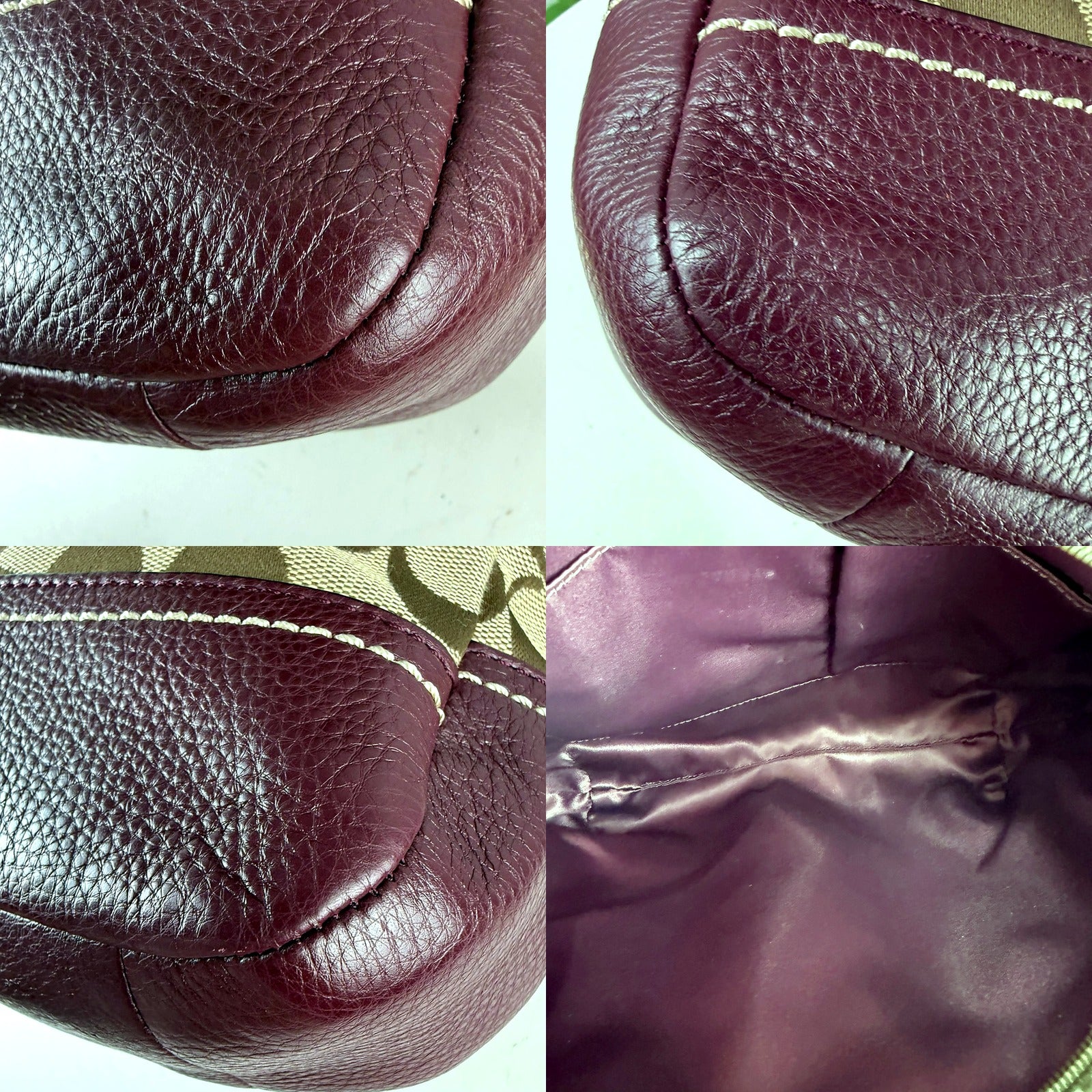 Authentic Coach Tan Signature Canvas Hobo Bag with Plum Leather Trim - leather trim and interior detail