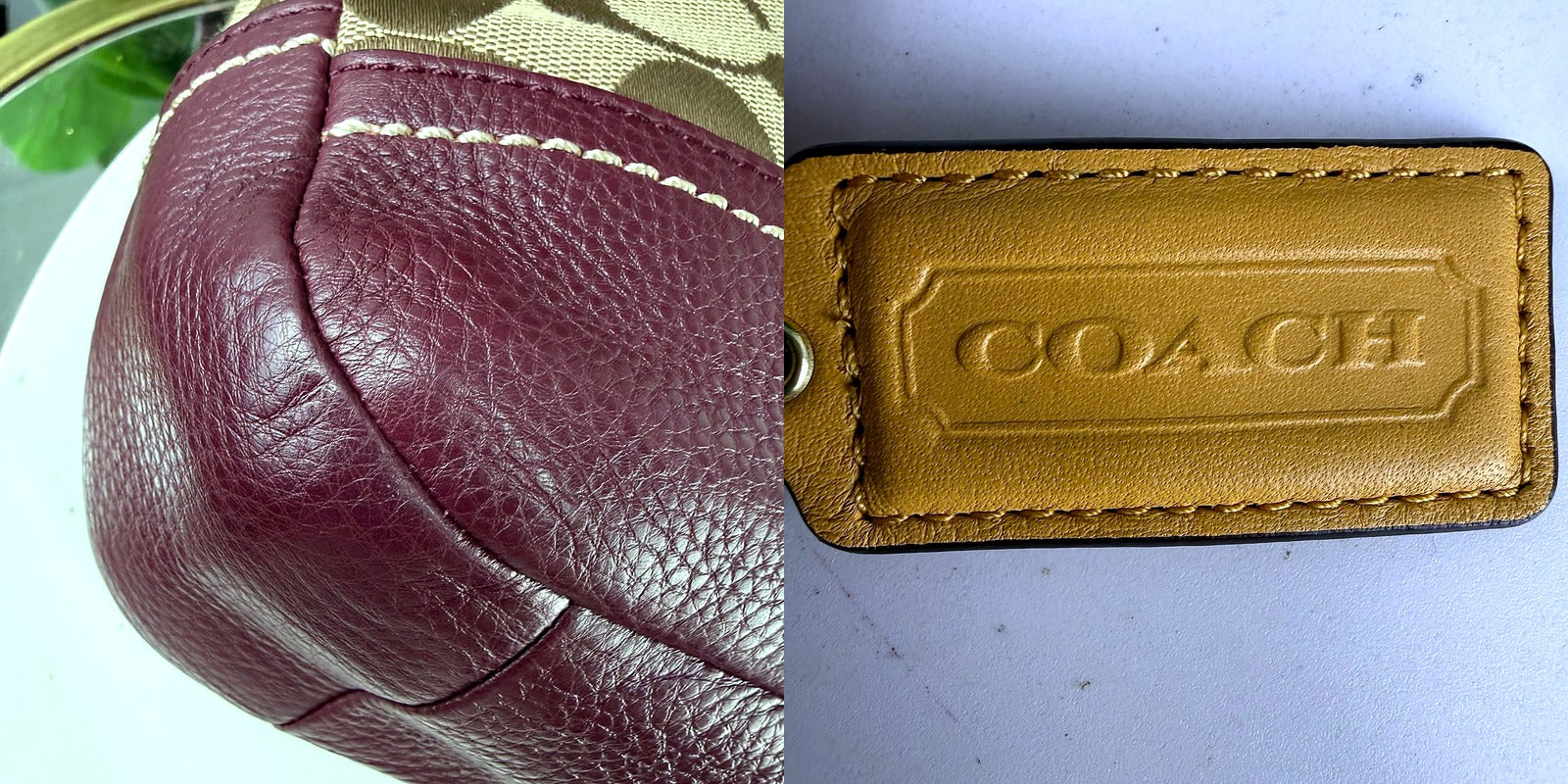 Authentic Coach Tan Signature Canvas Hobo Bag with Plum Leather Trim - trim macro and hangtag