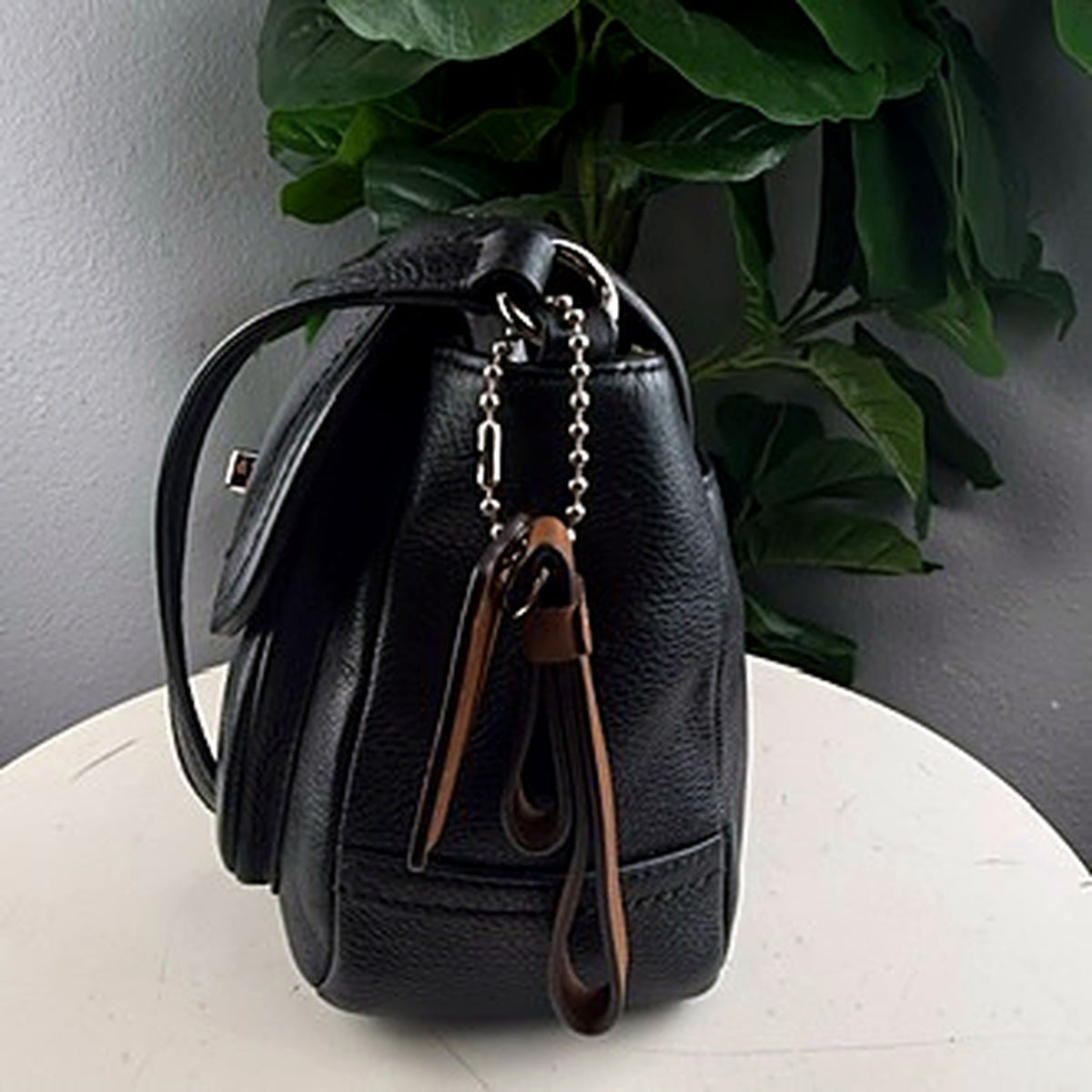 Coach crossbody bag side view showing cognac leather tassel fob