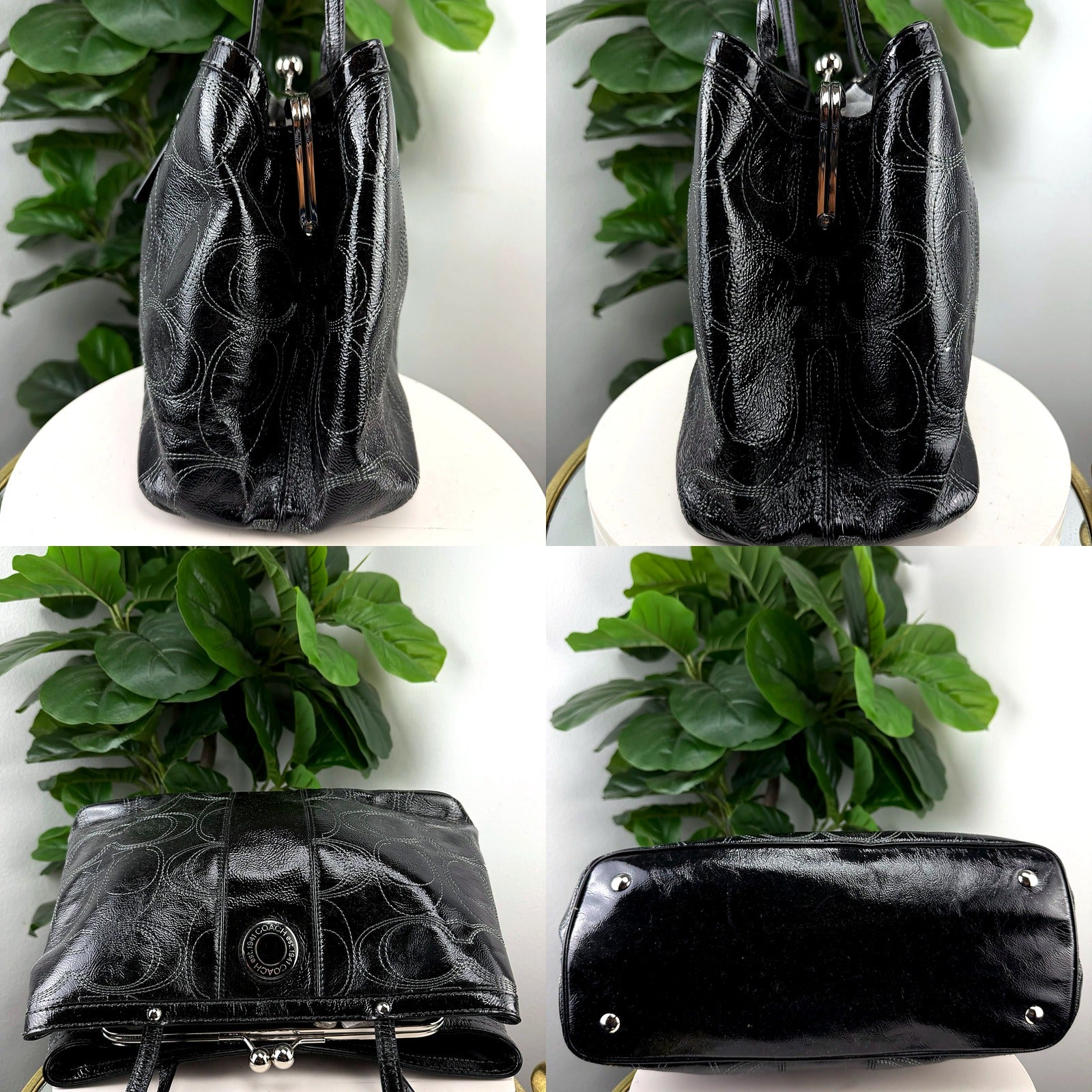 Coach black patent leather tote detail grid: frame hardware, straps, and base