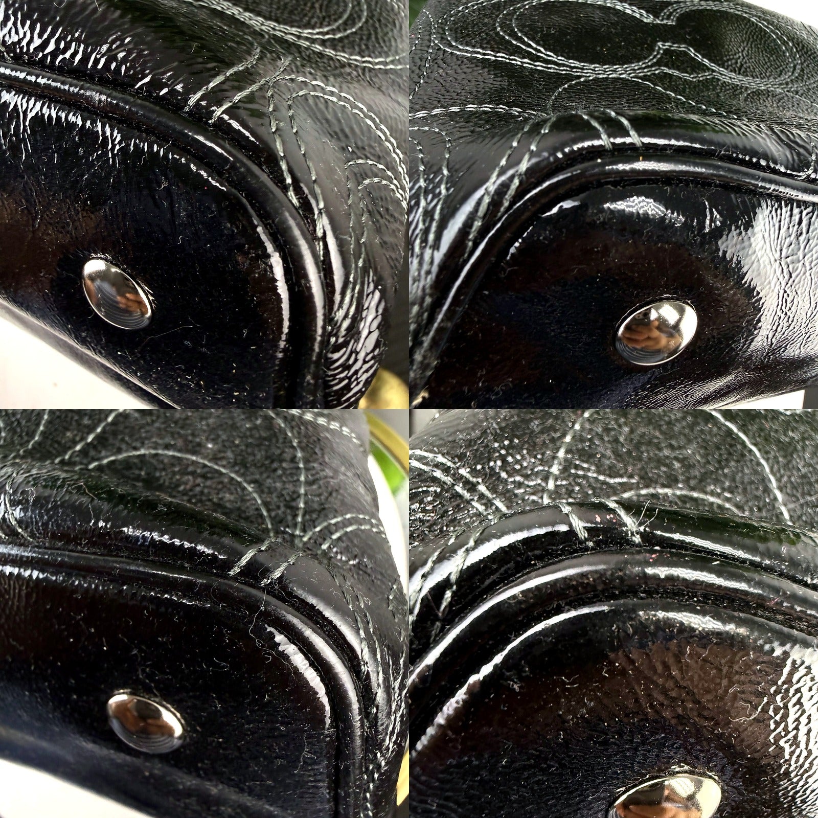 Coach black patent leather tote condition detail grid showing surface scuffing near frame and corners