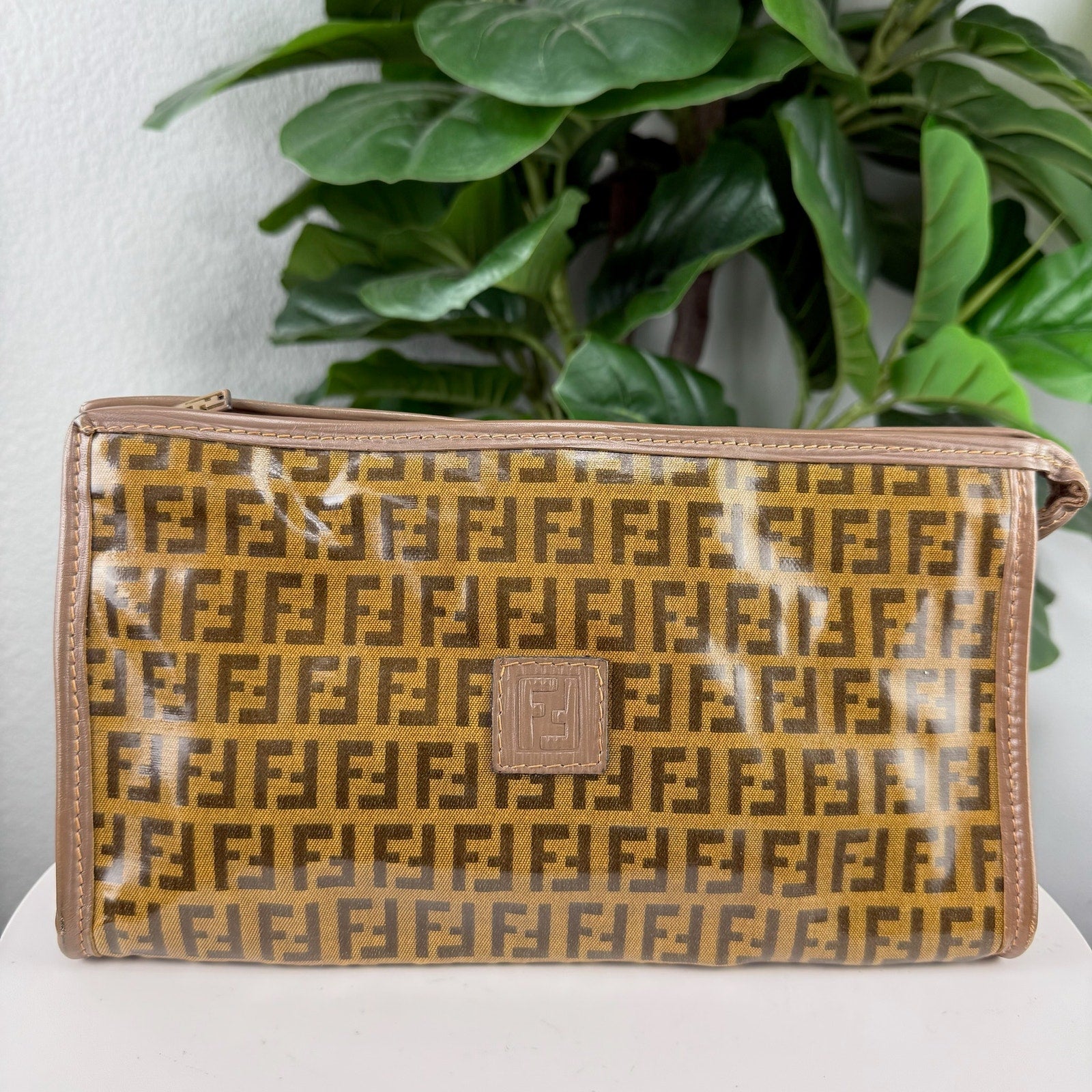 A31💎✨ Authentic Fendi Zucchino Clutch Bag Brown Auth Purse Vintage