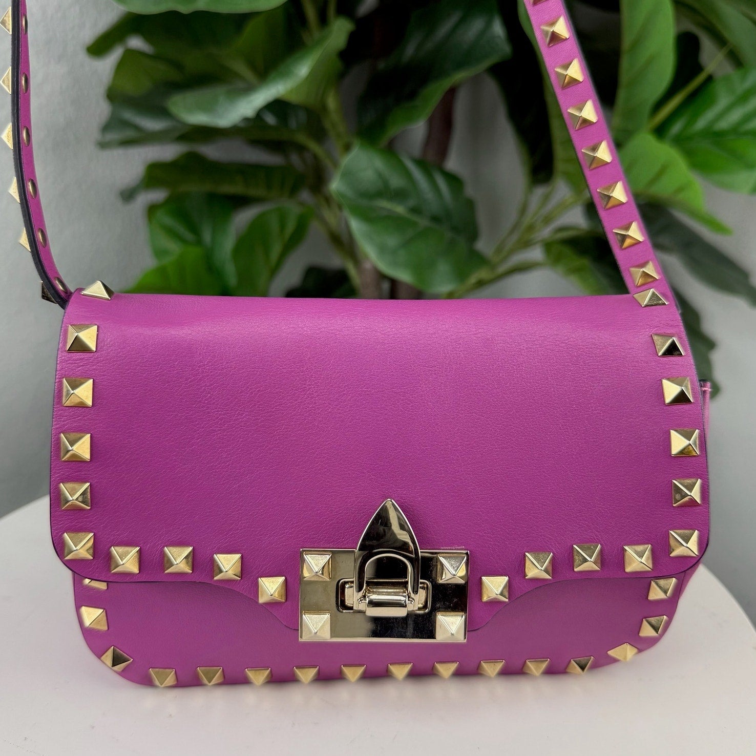 Valentino Garavani Rockstud Flip Lock Mini Crossbody Bag in Pink Leather