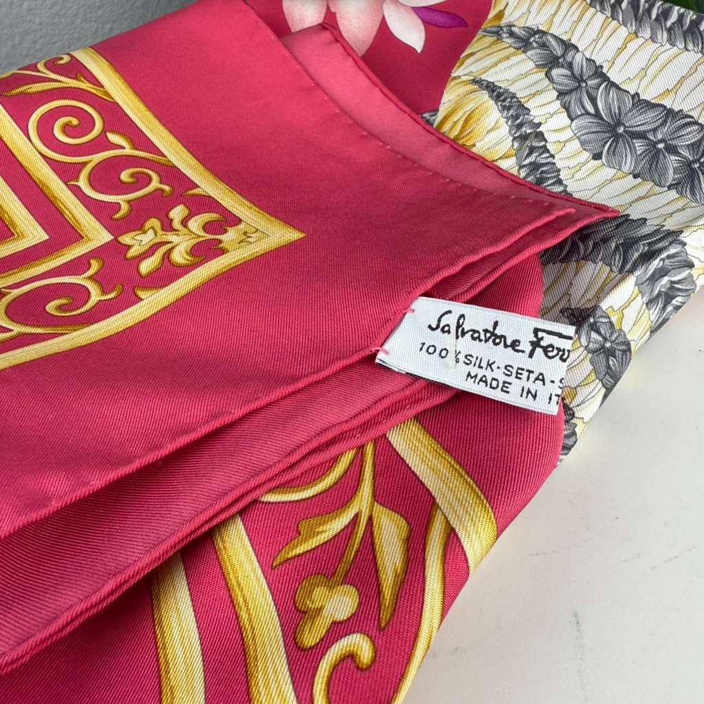 Authentic Salvatore Ferragamo Zebra Floral Pattern Silk Scarf Red