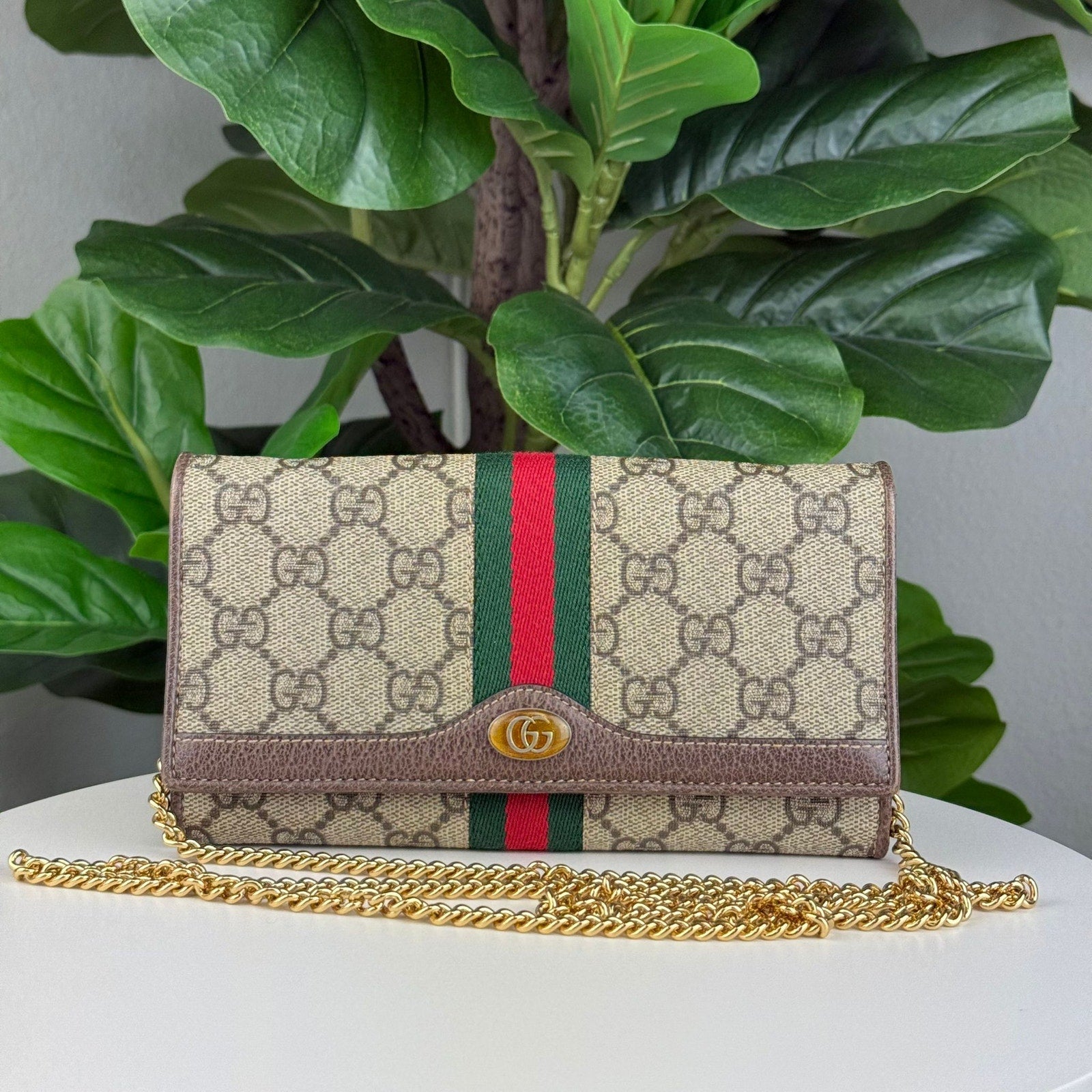 Authentic GUCCI Ophidia GG Supreme WOC Chain Long Brown Bag
