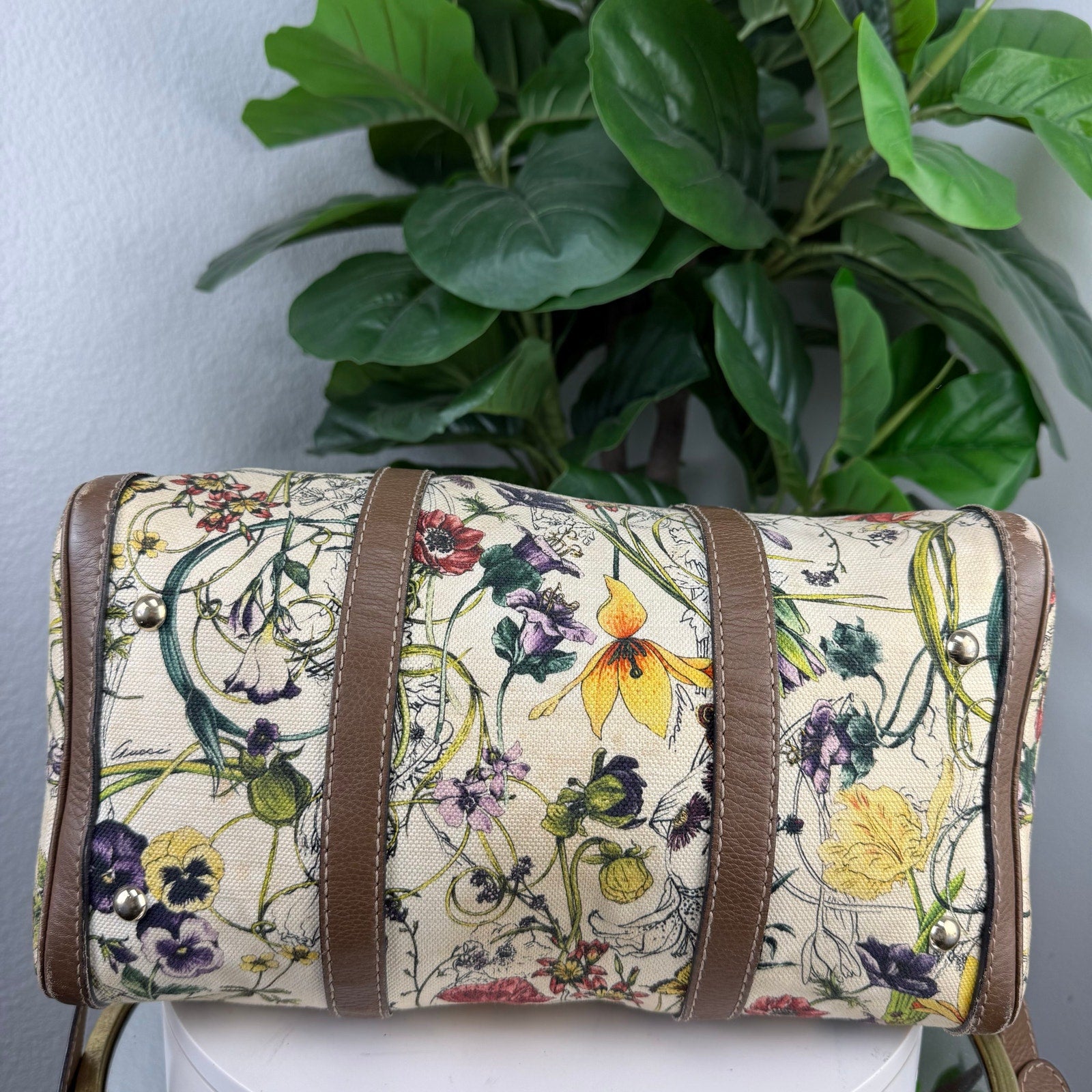 Gucci Flora Print Medium Boston Bag Canvas Leather Crossbody Authentic Pre Owned