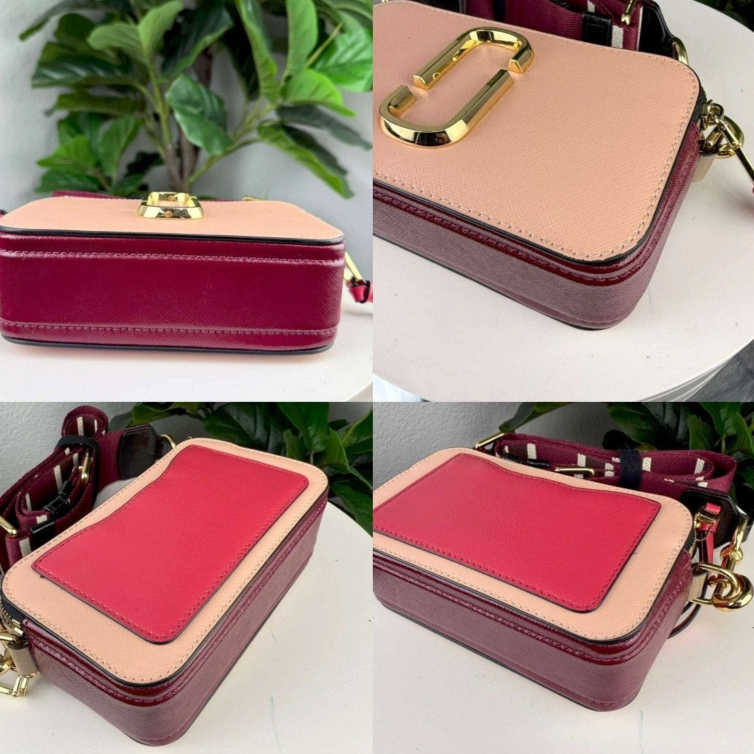 💎✨Authentic Marc Jacobs Pink Leather Gold Tone Canvas Logo Shoulder Strap Snapshot Bag