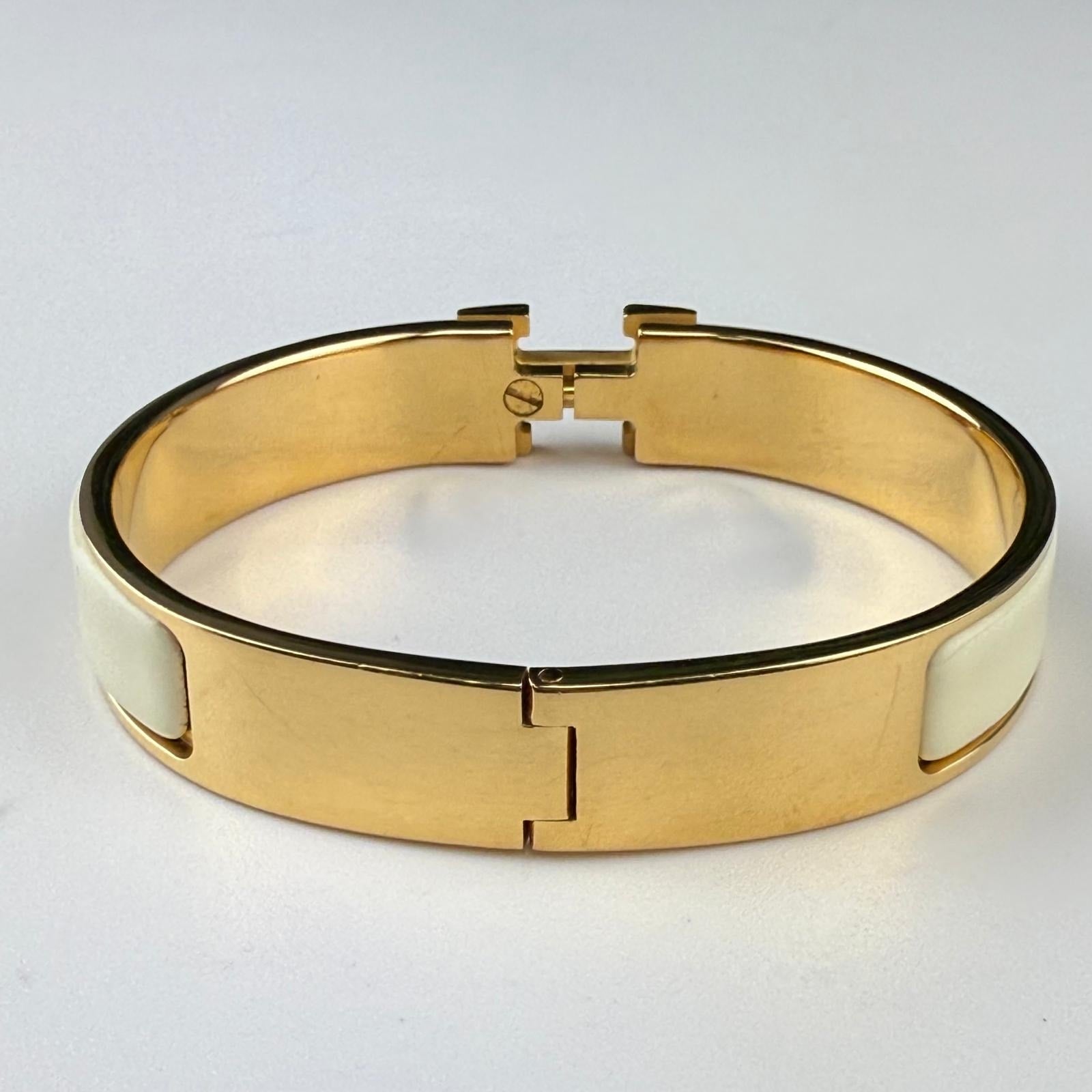 A112💎✨Authentic HERMÈS Clic H Bracelet White with Gold Hardware Size 6 3/4