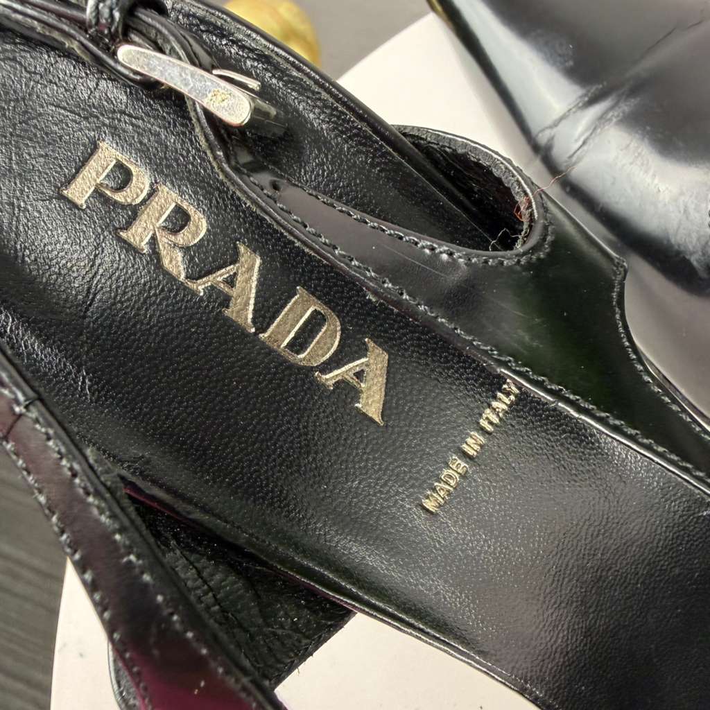 Authentic Prada Black Leather Slingback Pumps Kitten Heel