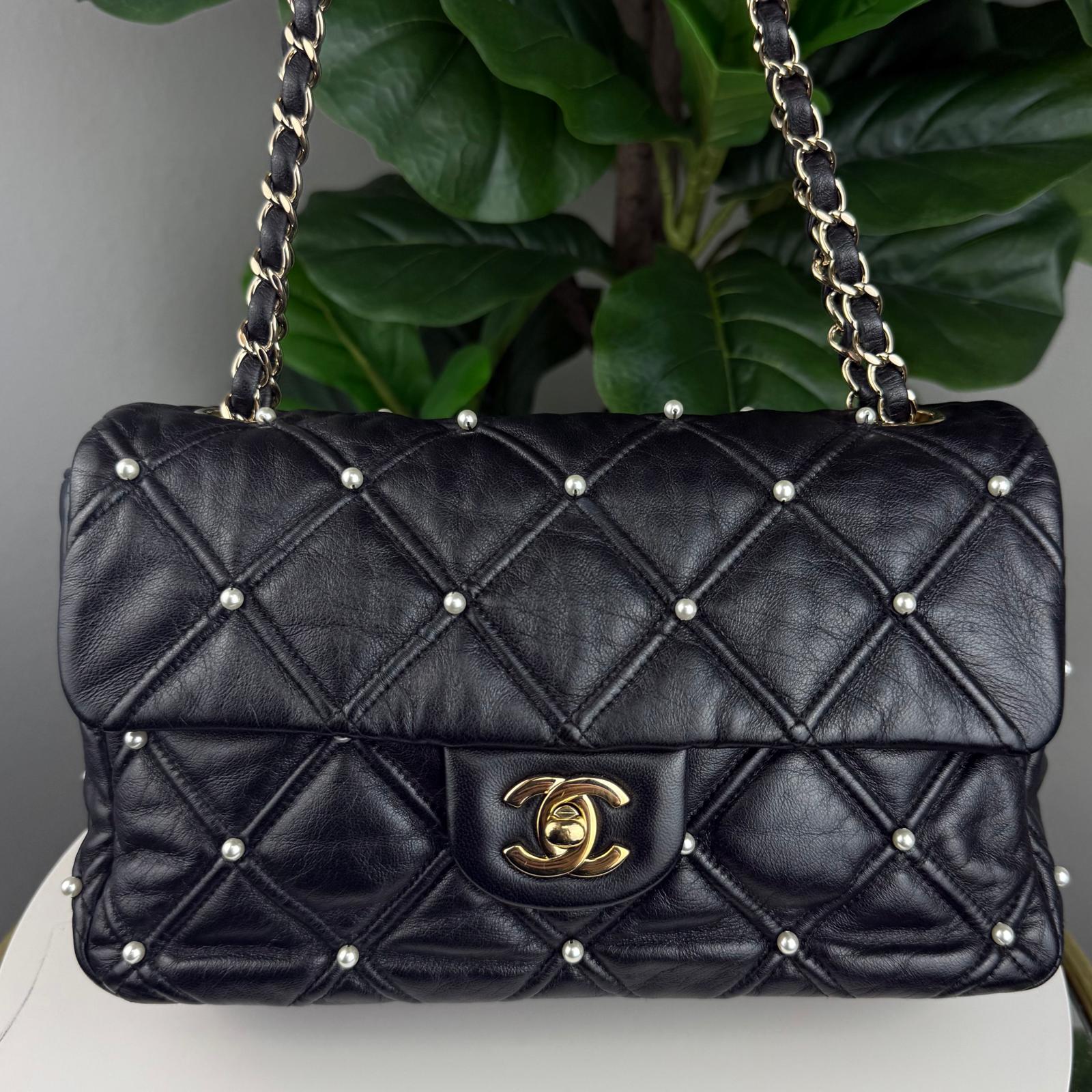 Authentic Chanel Lambskin Quilted Pearl Studded Flap Black Shoulder Bag