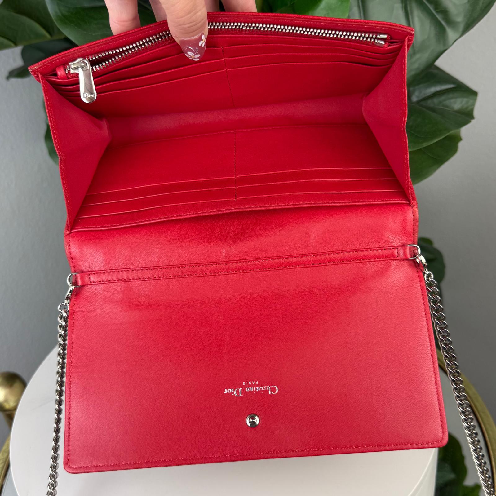 Authentic Christian Dior Red Grained Leather Diorama Clutch Bag