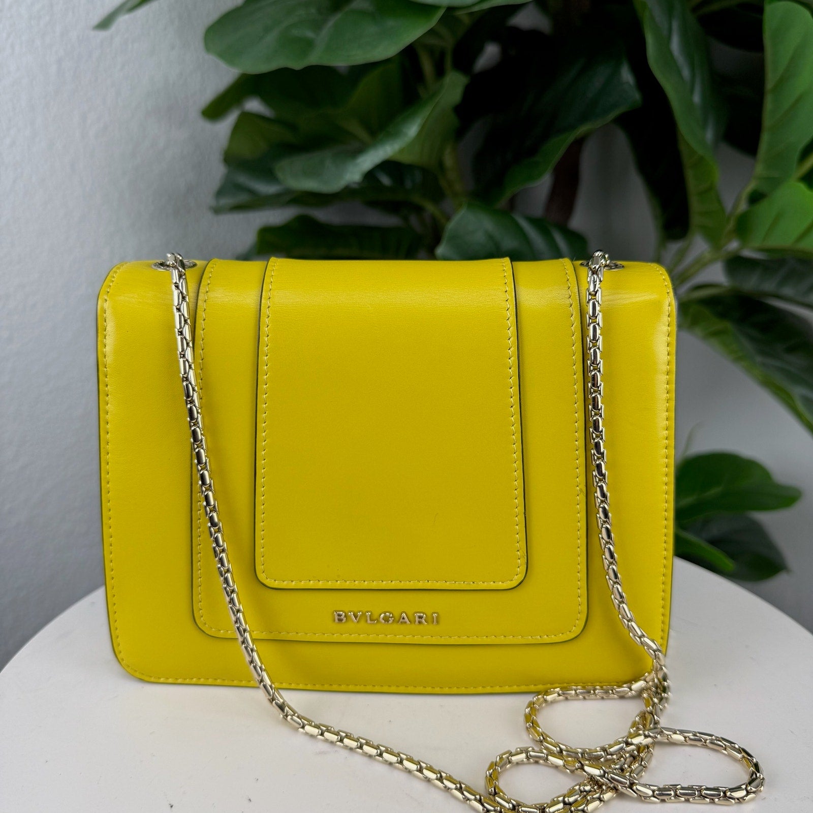 Bvlgari Serpenti Forever Yellow Leather Snake Head Chain Crossbody Flap Bag Authentic Pre Owned