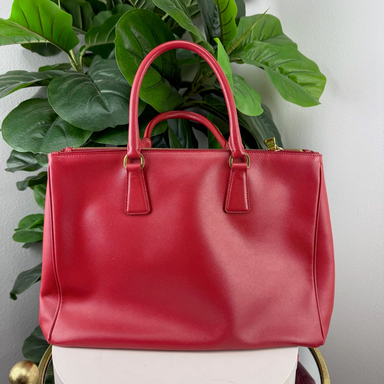 Authentic Prada Saffiano Lux Galleria Double Zip Tote Bag Red