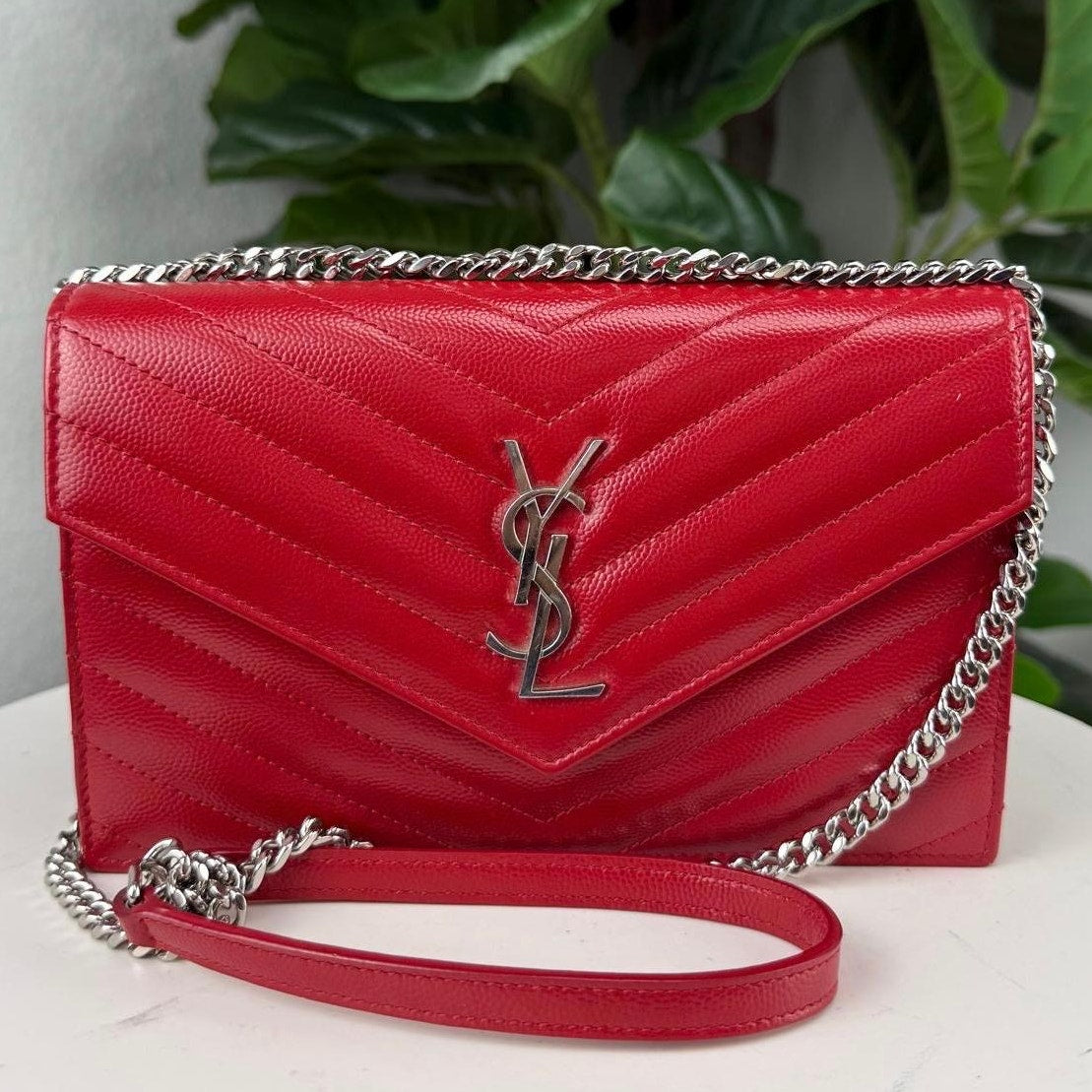 Authentic YSL Yves Saint Laurent Chevron Quilted Shoulder Bag Red