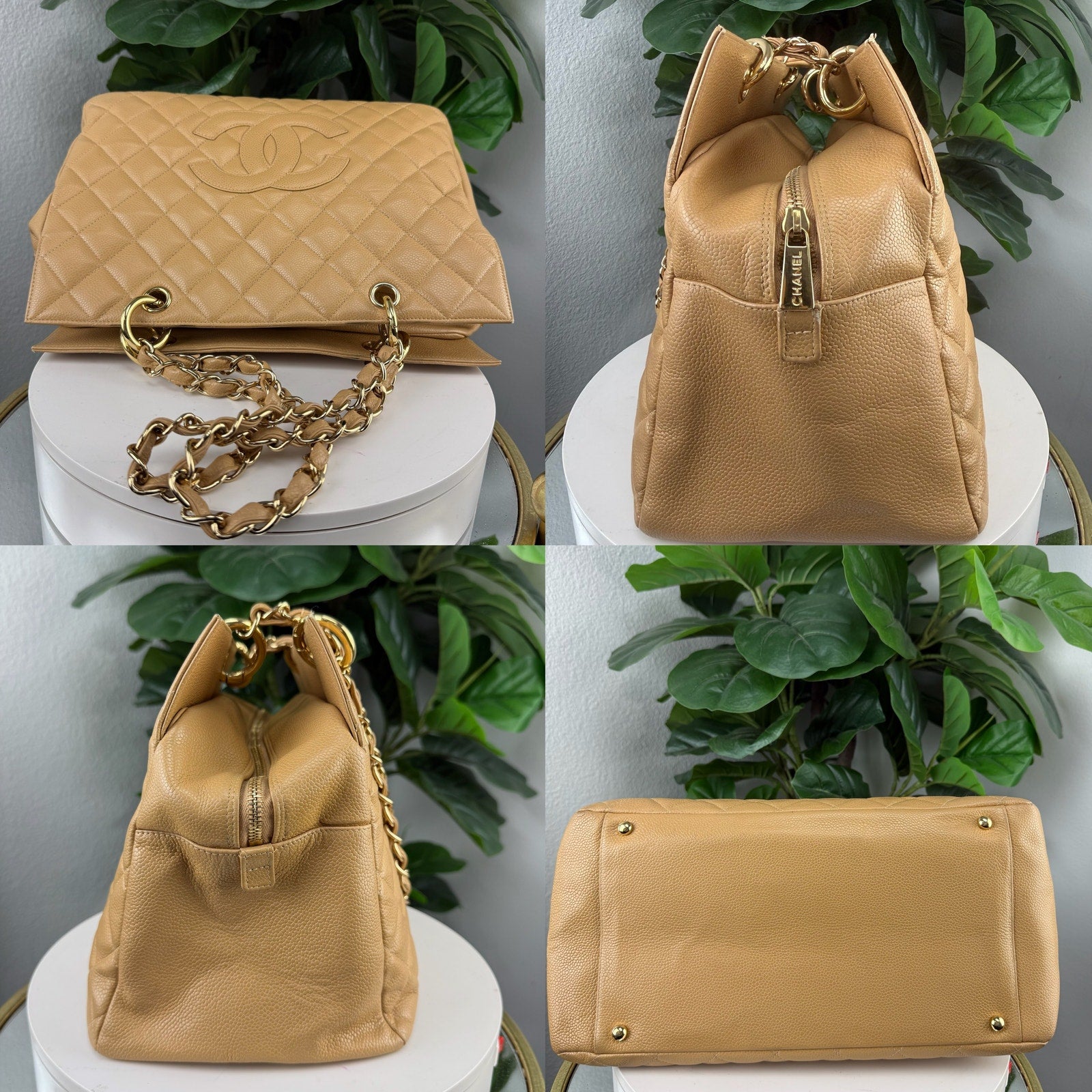 Chanel Grand Shopping Tote Beige Caviar Leather Chain Bag Authentic Pre Owned