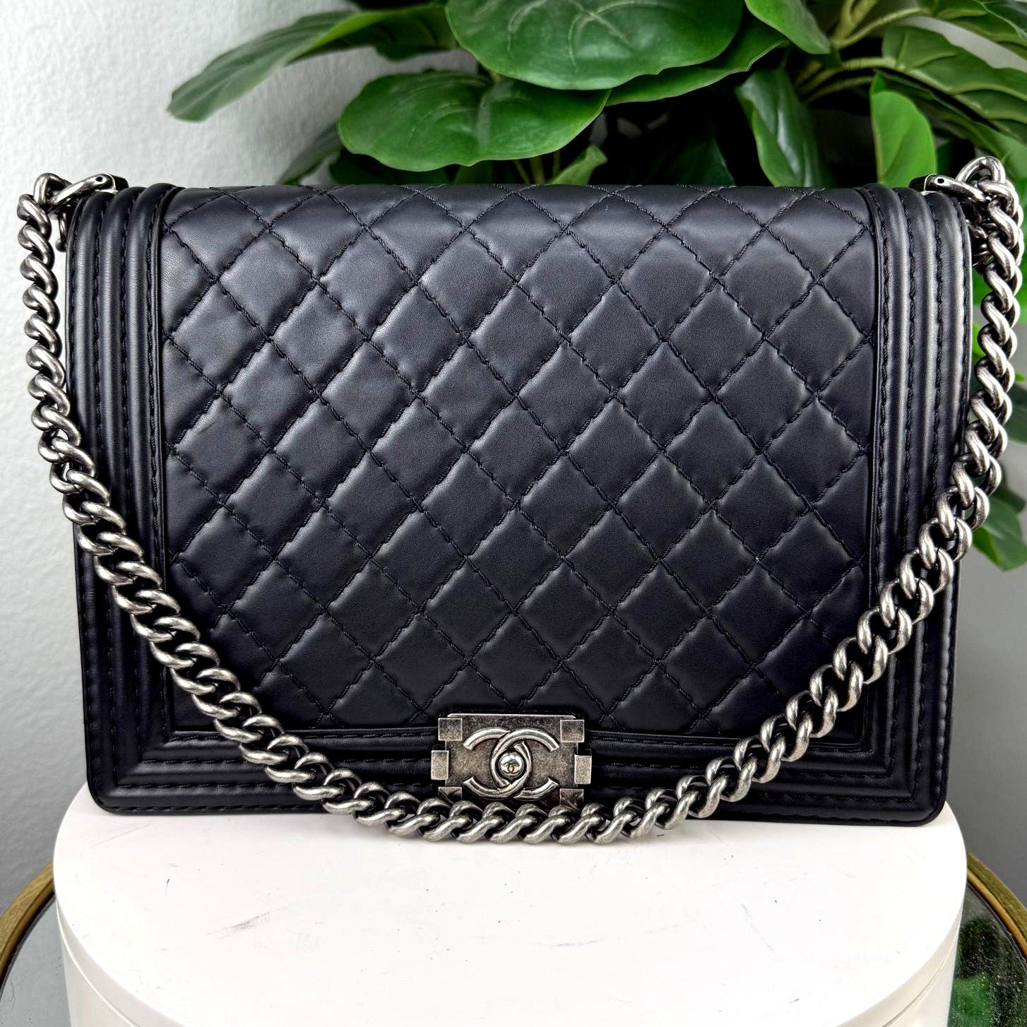 Authentic Chanel Boy Handbag Black Quilted Leather